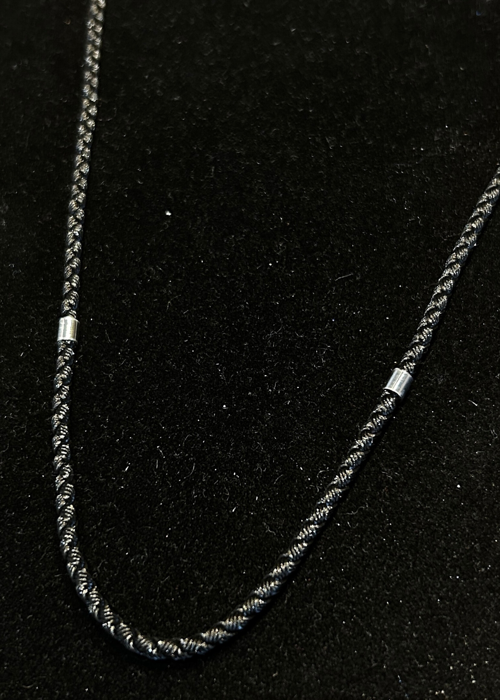 JEWELRY - Black  Silk Rope  Necklace with 925 Sterling Silver Inserts and Silver  Lock, size 55",  for men's