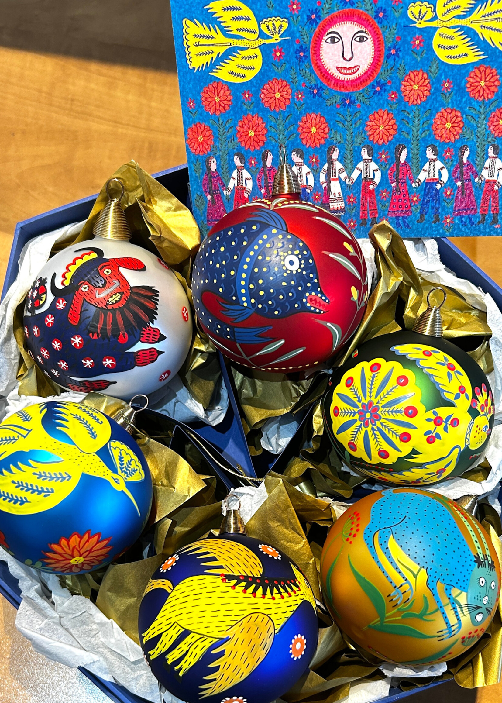 HOME -  Christmas Balls, Set of 6,  Gift Box, Folk Naive art of  M. Prymachenko