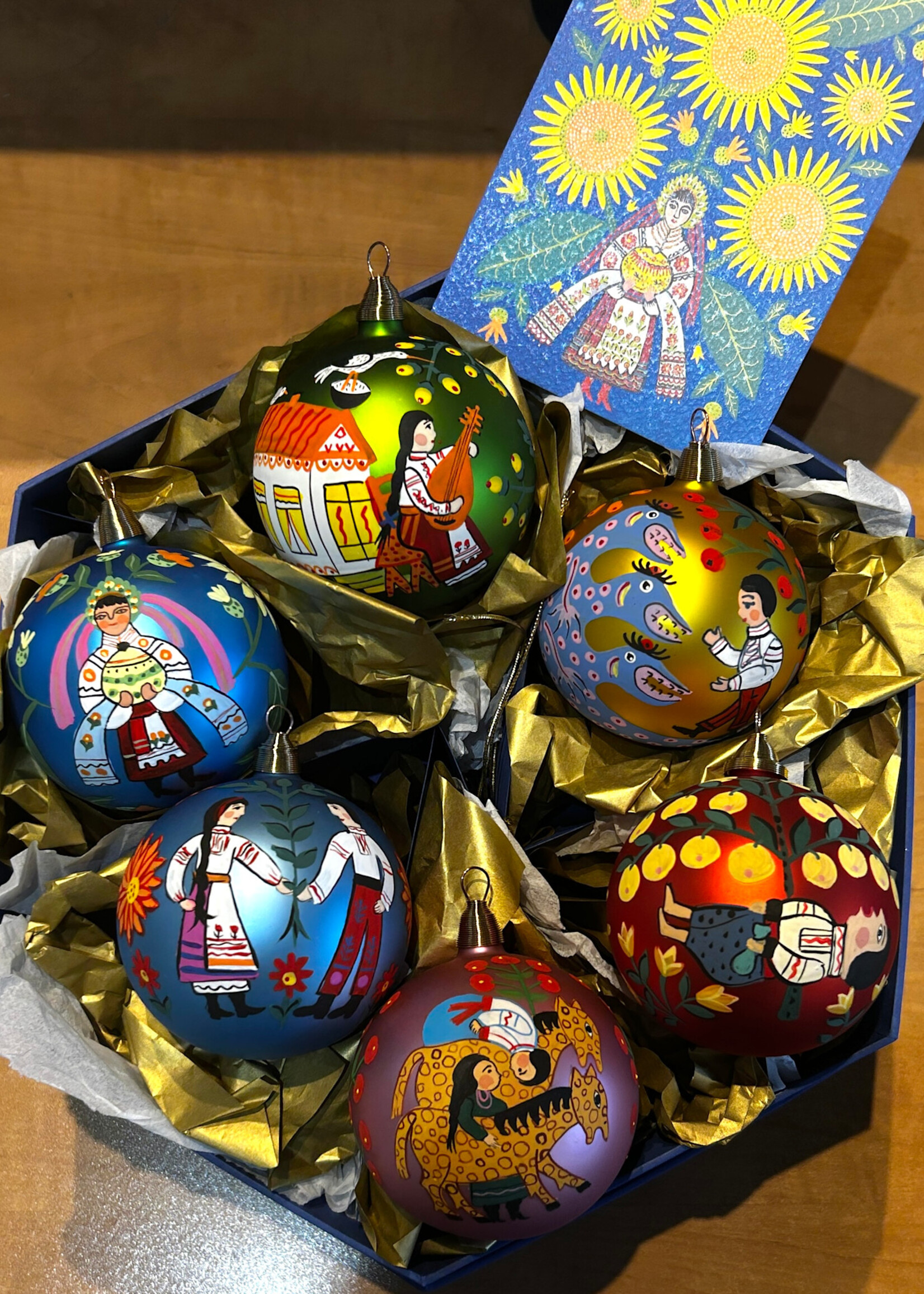HOME -  Christmas Balls, Set of 6,  Gift Box, Folk Naive art of  M. Prymachenko