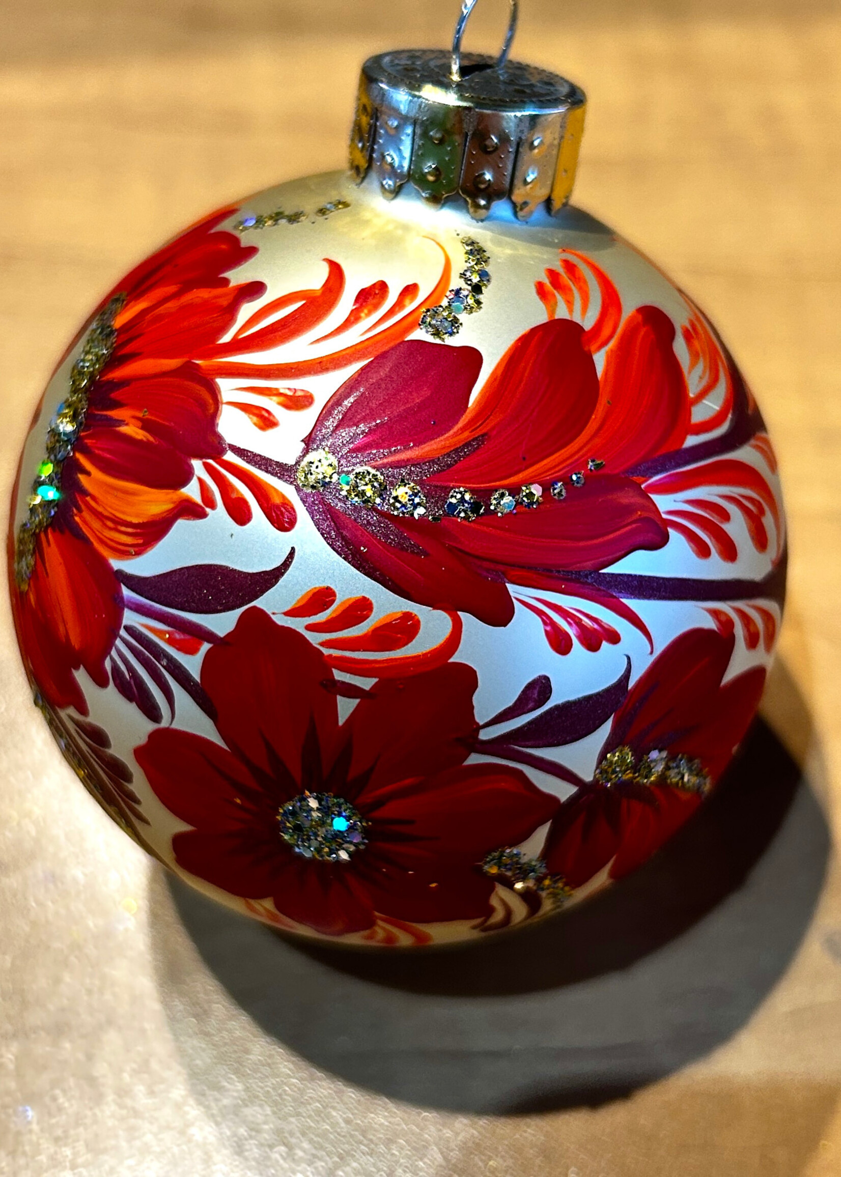 HOME - Decor Chistmas Ornaments , Gold/ Red  Ball Petrykivka's Art by Kateryna Kryvolap