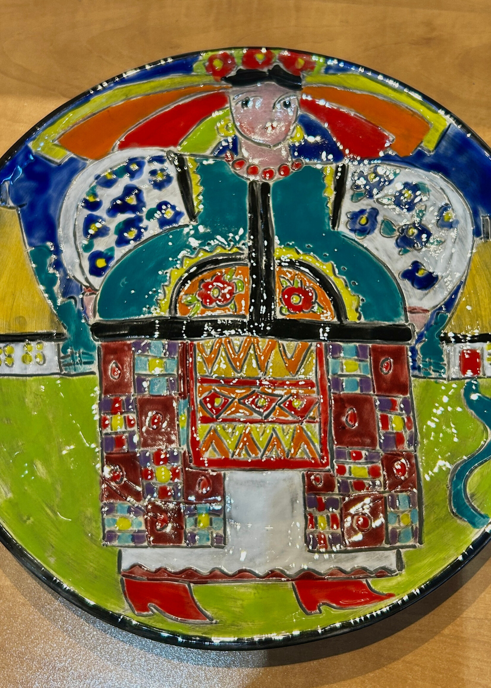 HOME - Ceramic Platter 13" Ukrainian Lady in  Folk Costume