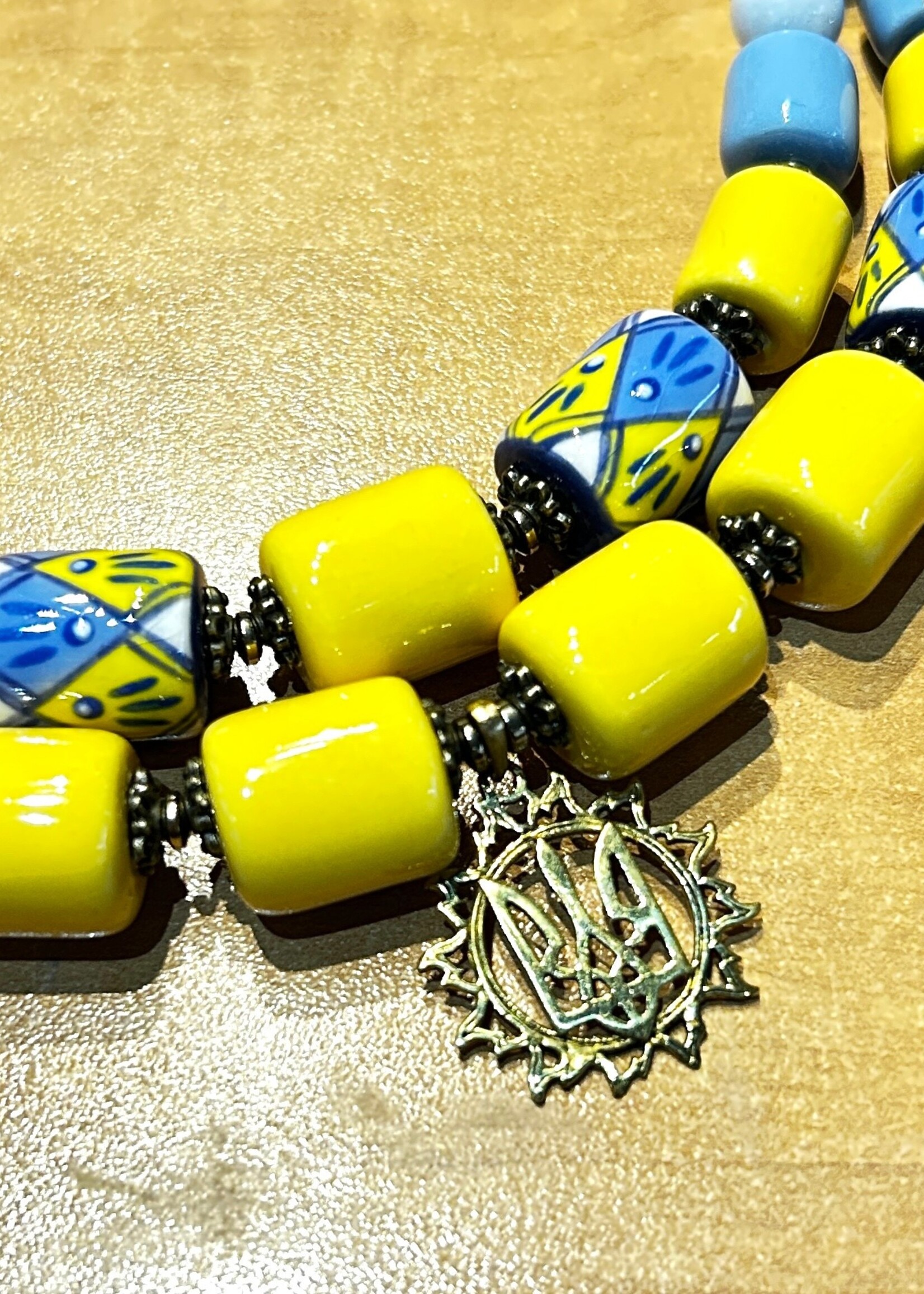 JEWELRY - Ethnic Handcrafted Blue/ Yellow Choker With Gold Truzyb,  Native Pattern,  Coral Beaded, 2 Strand by Oksana