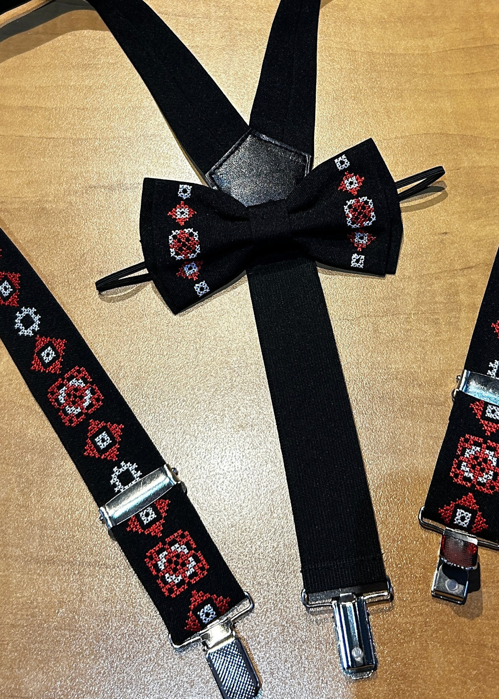 KIDS- APPAREL - Suspenders/ Bowtie, Set, Embroidered, Black/Red