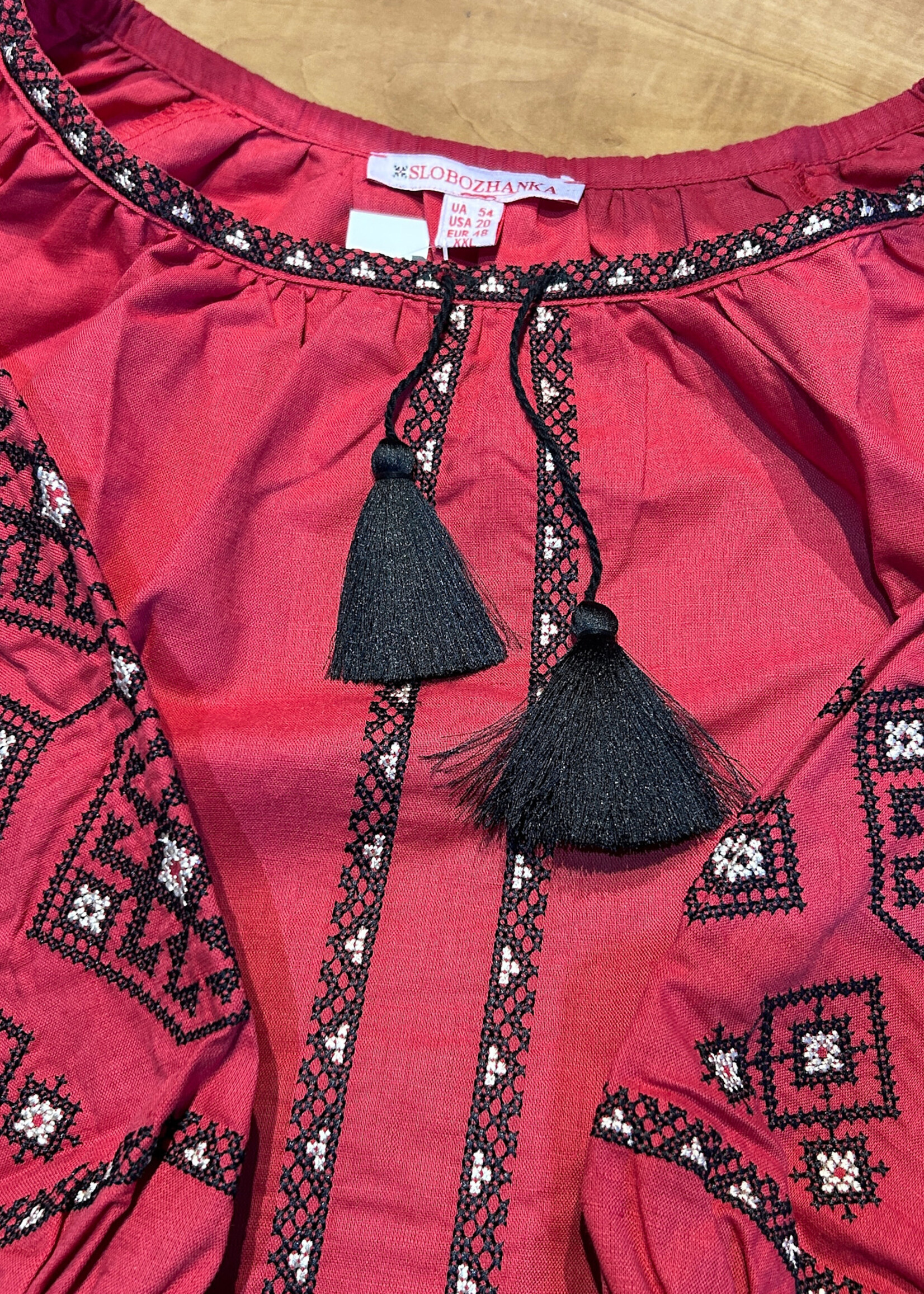 APPAREL -(W) Vyshyvanka  Red Linen, Black/ Cream Geometric Embroidery, SizeXXL