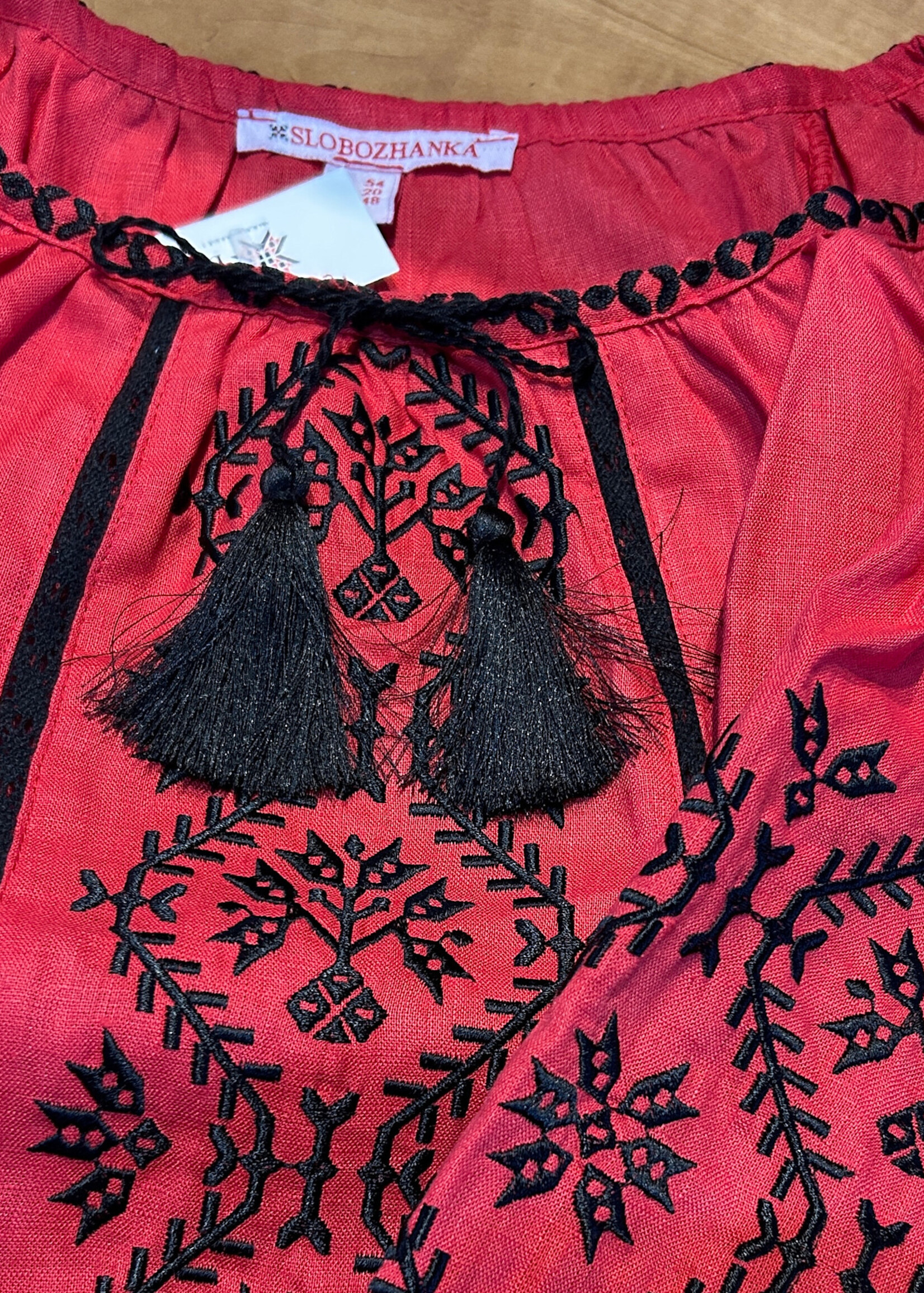 APPAREL -(W) Vyshyvanka  Red Linen, Black Geometric Embroidery, Size XXXL, 3/4 Sleeve