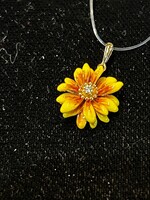 JEWELRY - Pendant,  Yellow Enamel Sunflower,  Gold Plated,  White Cubic Zirconia 925, Sterling Silver