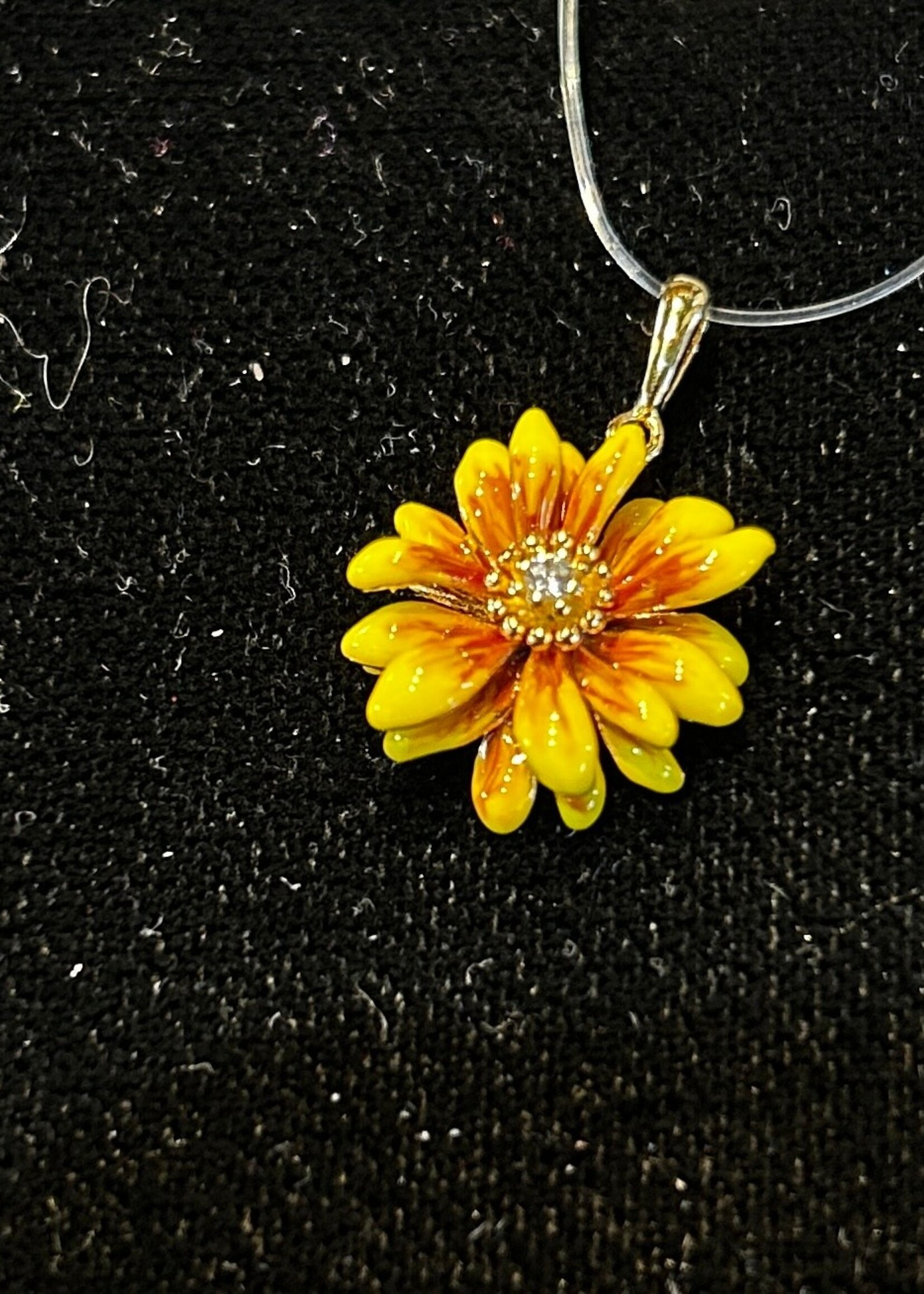 JEWELRY - Pendant,  Yellow Enamel Sunflower,  Gold Plated,  White Cubic Zirconia 925, Sterling Silver