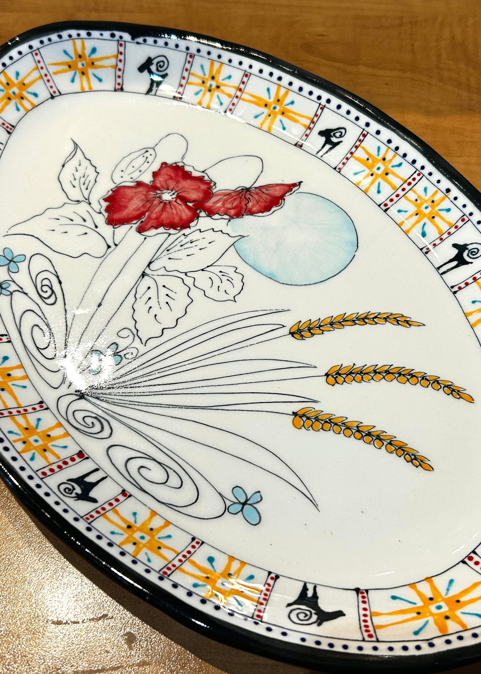 CERAMICS - Big  Oval Plate with Poppies & Wheat and Ukrainian Border