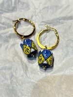 JEWELRY - Earrings  Blue/ Yellow Handcraft by Oksana Boriychuk , Dangle Drop Earrings,  Ukrainian Traditional  Large  Clay beads  Handpainting floral pattern