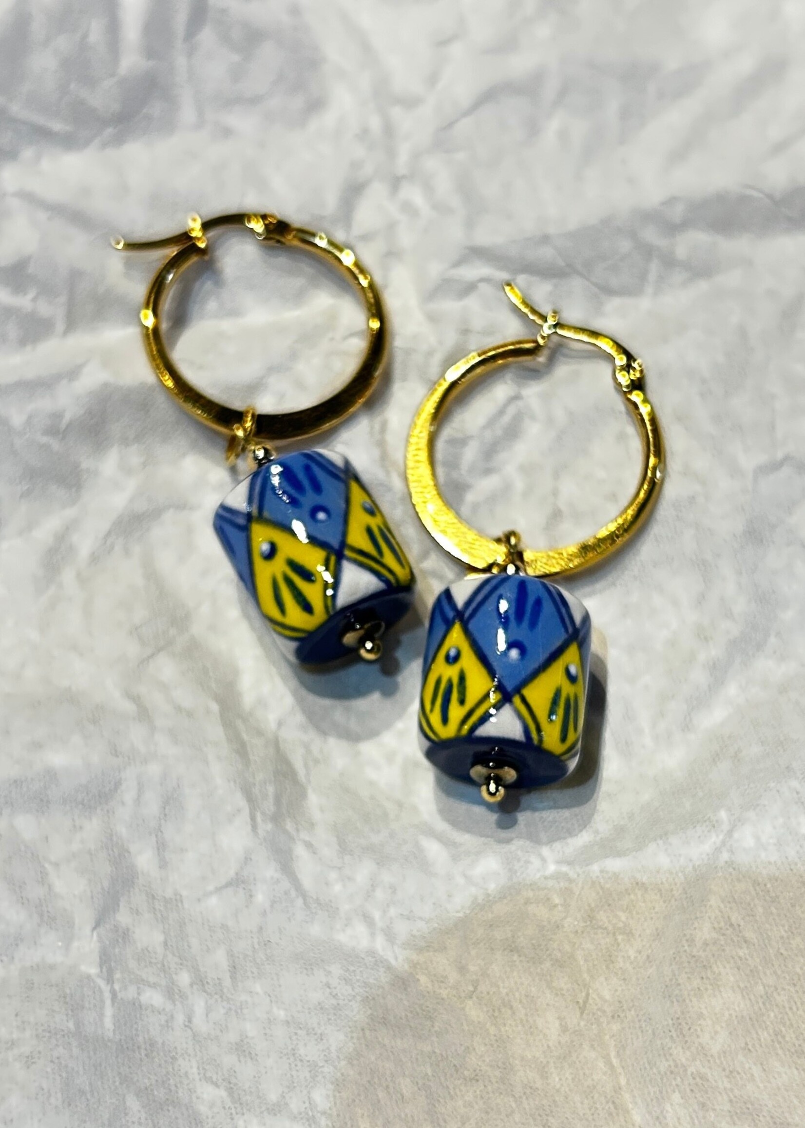 JEWELRY - Earrings  Blue/ Yellow Handcraft by Oksana Boriychuk , Dangle Drop Earrings,  Ukrainian Traditional  Large  Clay beads  Handpainting floral pattern