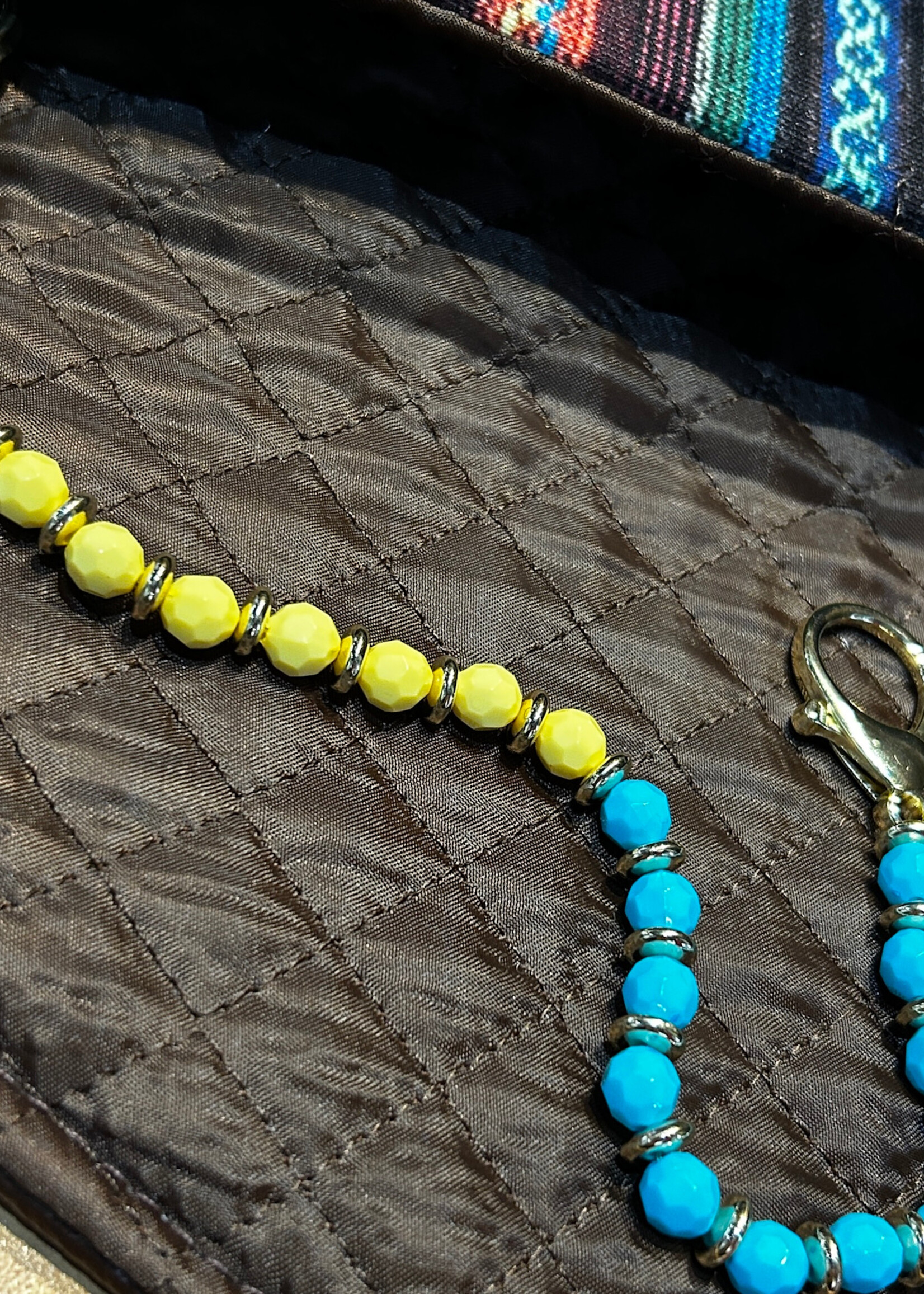 ACCESSORIES- Blue /Yellow Beaded Key Keeper, Claps /  both sides Rings Gold or Silver