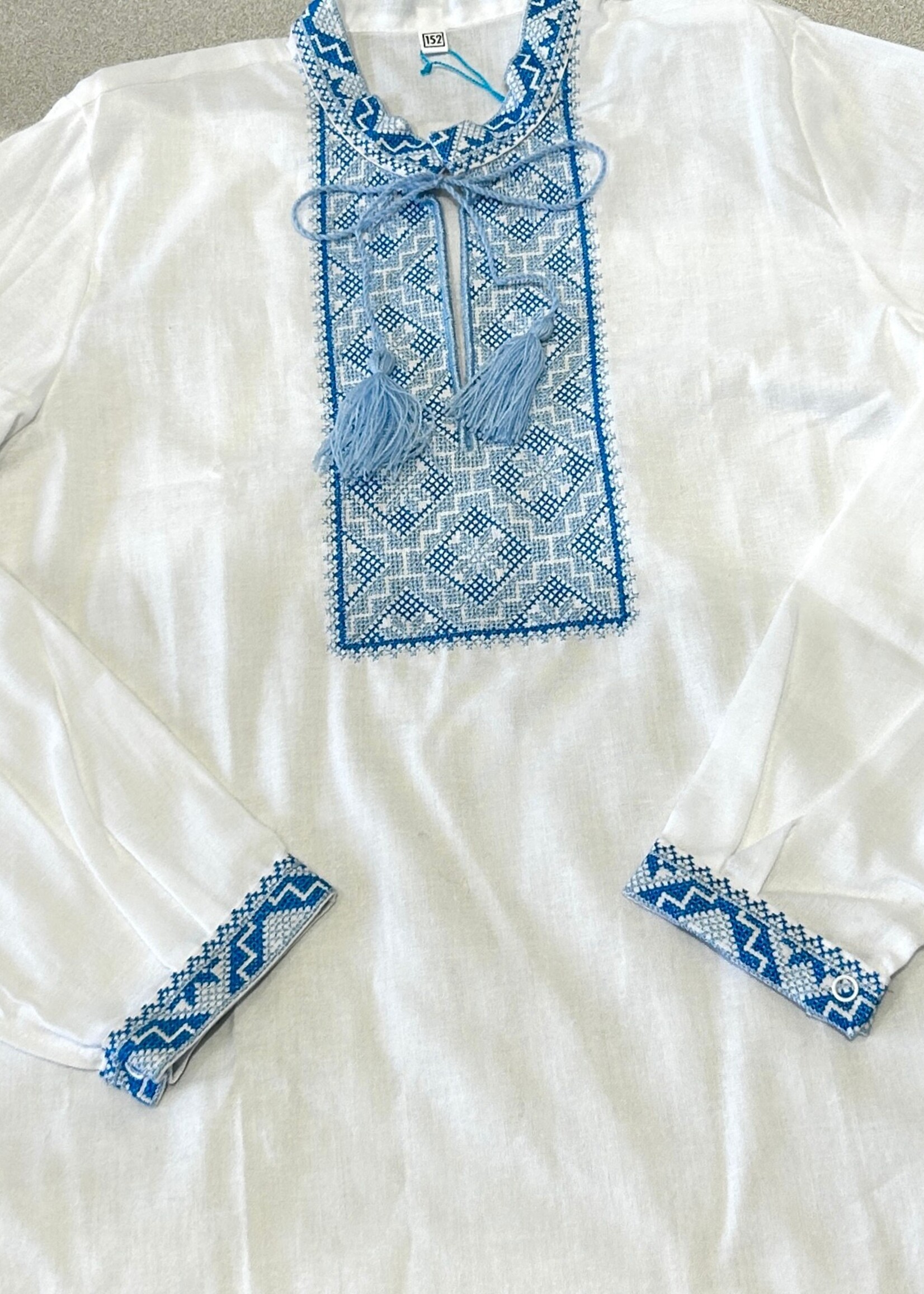 KIDS  -  Boy's  Vyshyvanka size 152 cm, White &  Cross Stitch  Light  Blue Embroidery