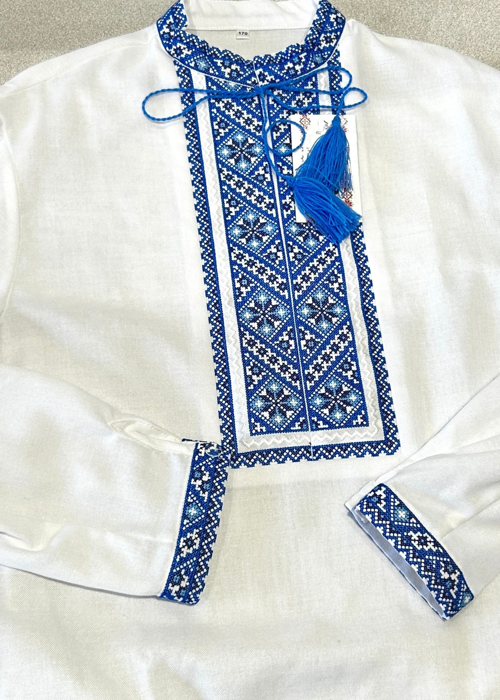 KIDS  -  Boy's  Vyshyvanka size 170 cm, White &  Cross Stitch  Blue Embroidery
