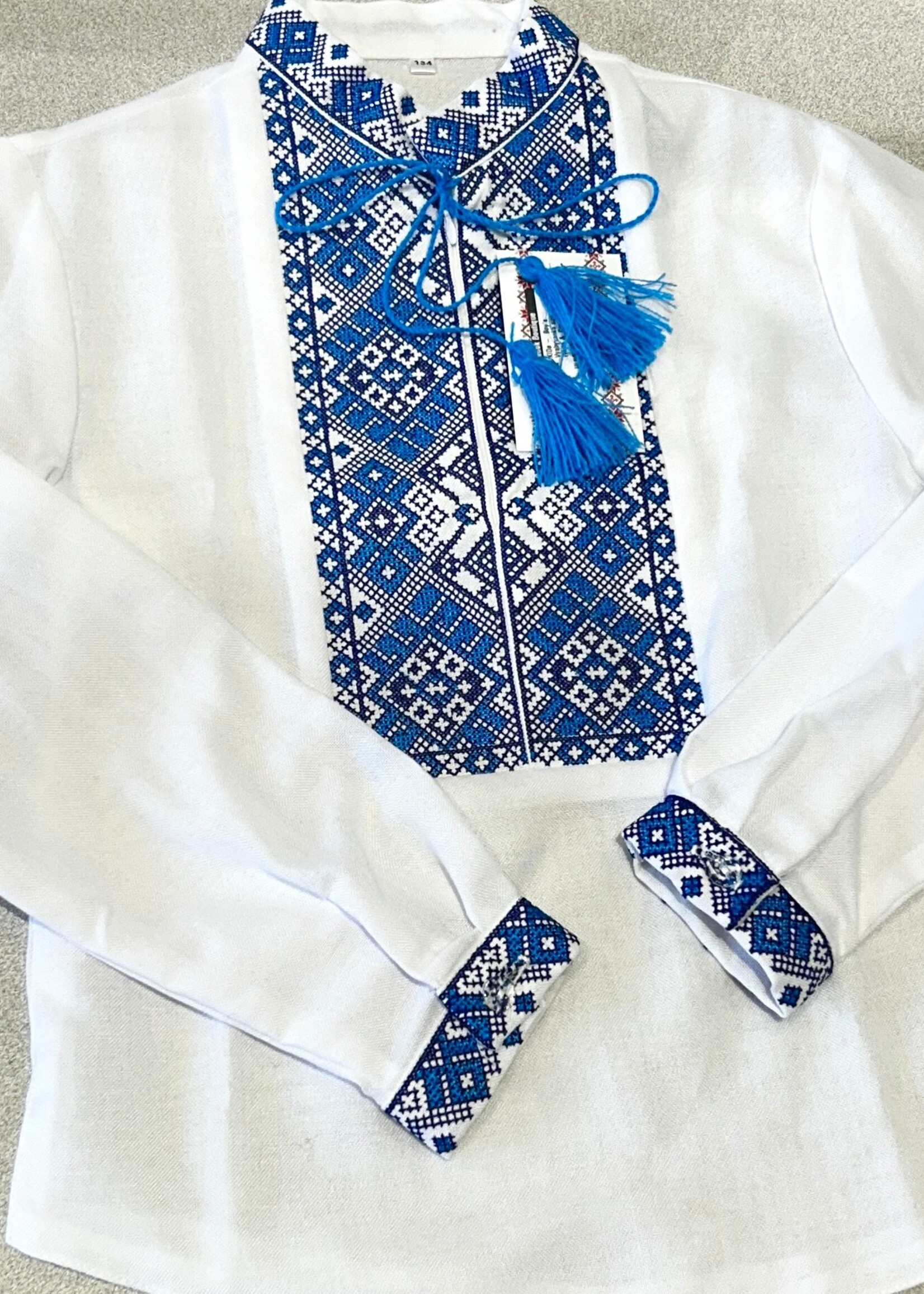 KIDS  -  Boy's  Vyshyvanka size 134 cm, White &  Cross Stitch  Blue Embroidery