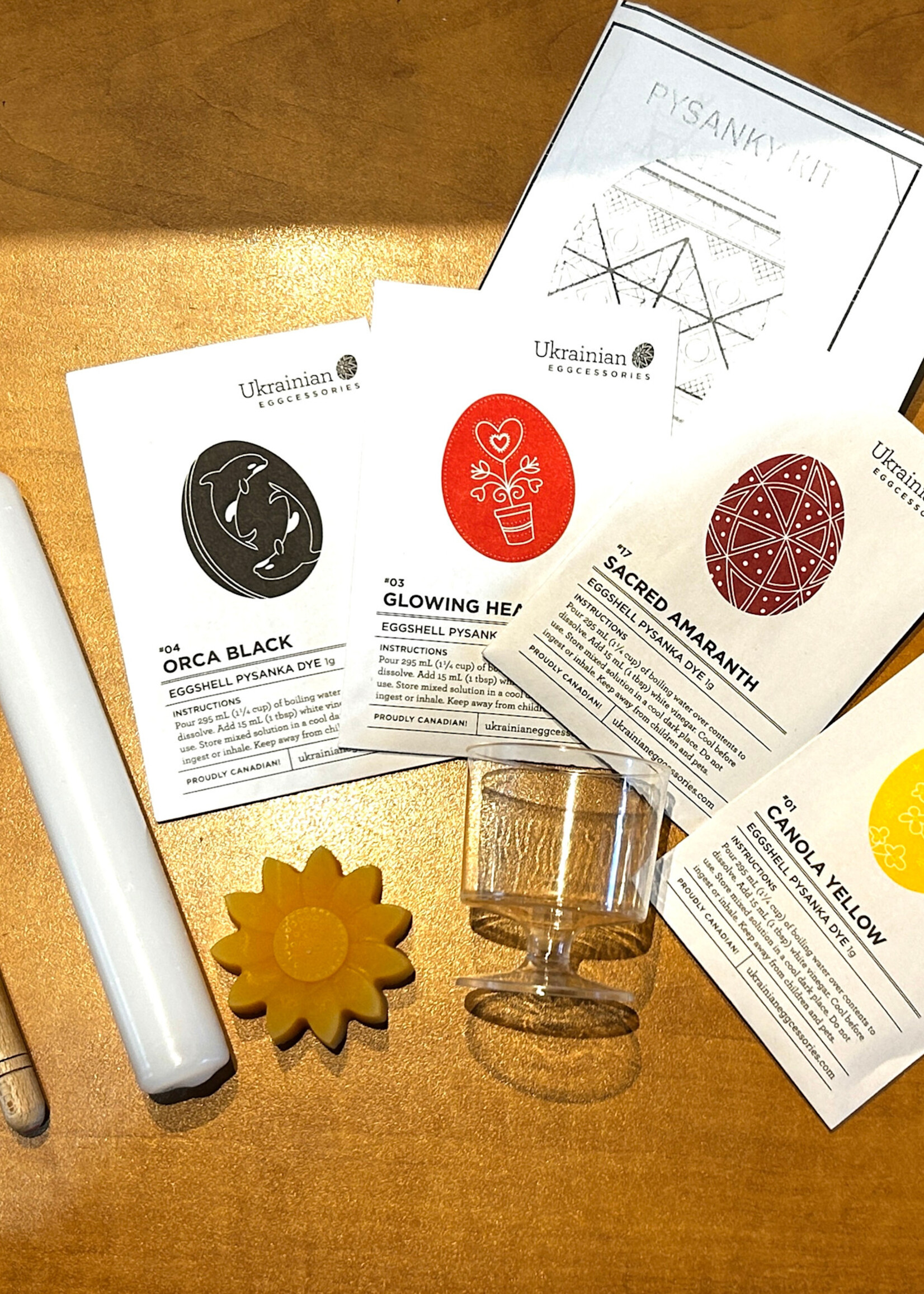 PYSANKA- Pysanka Kit  New : 8 items - Kistka,  4 Dyes,  Beeswax, Candle , Egg stand