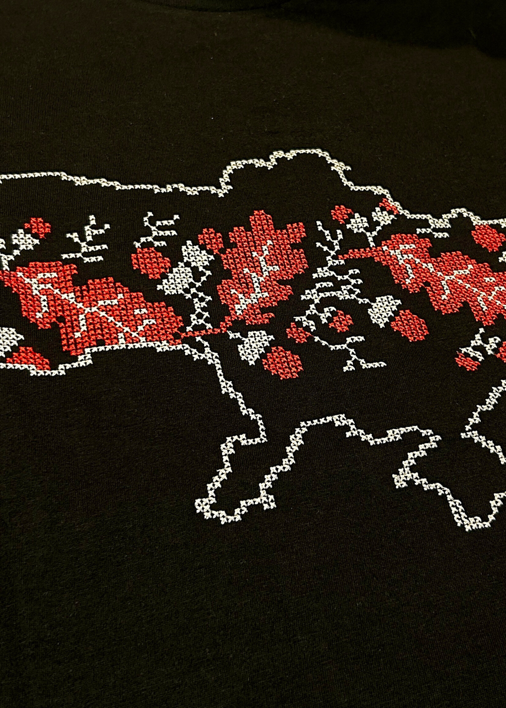 APPAREL - -(M) Black T- Shirt with Map of Ukraine with  Oak motif embroidered