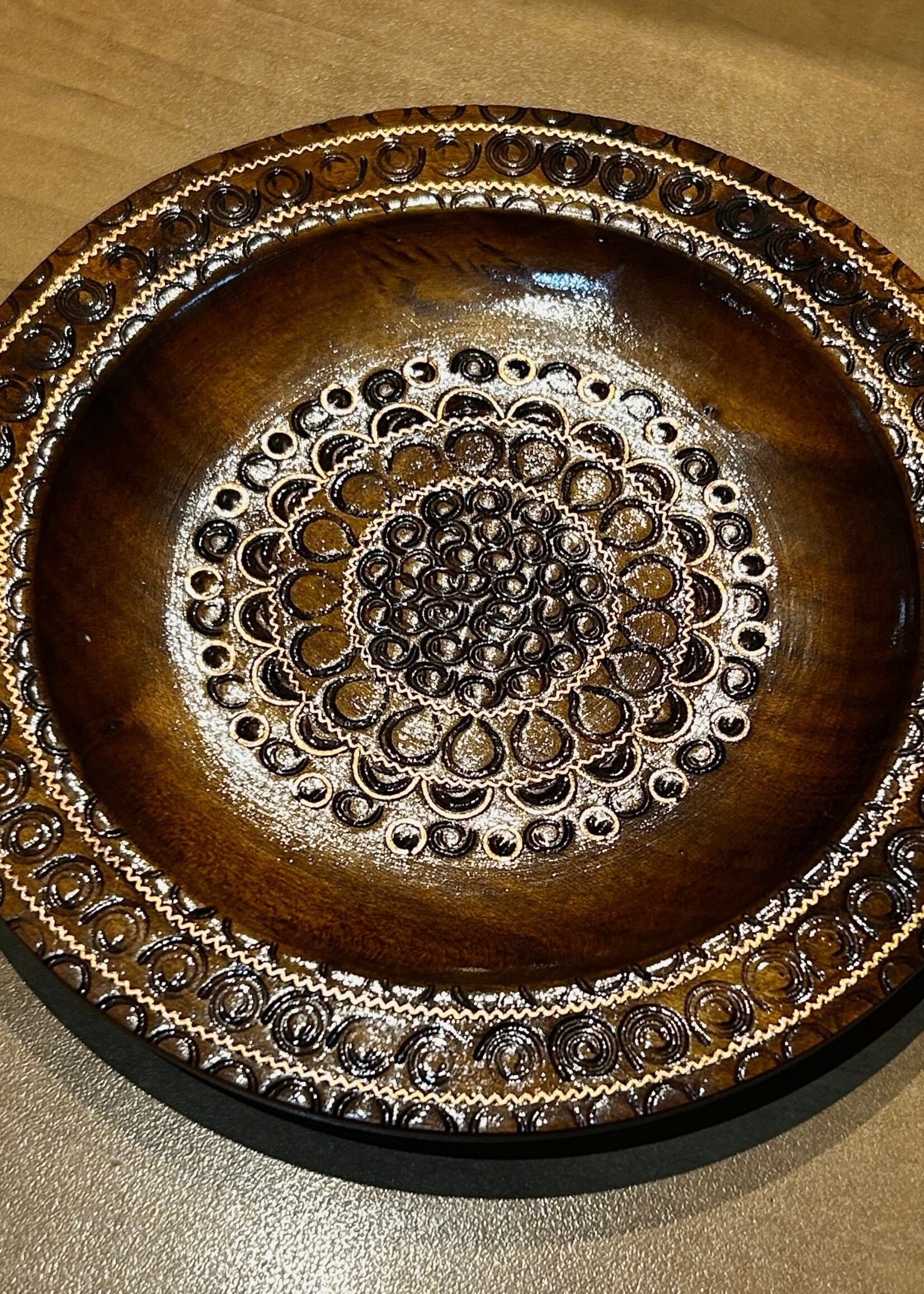 HOME - Small Wooden  Plate with metal  inlaid pattern,  handmade, 6.5", Wall decor