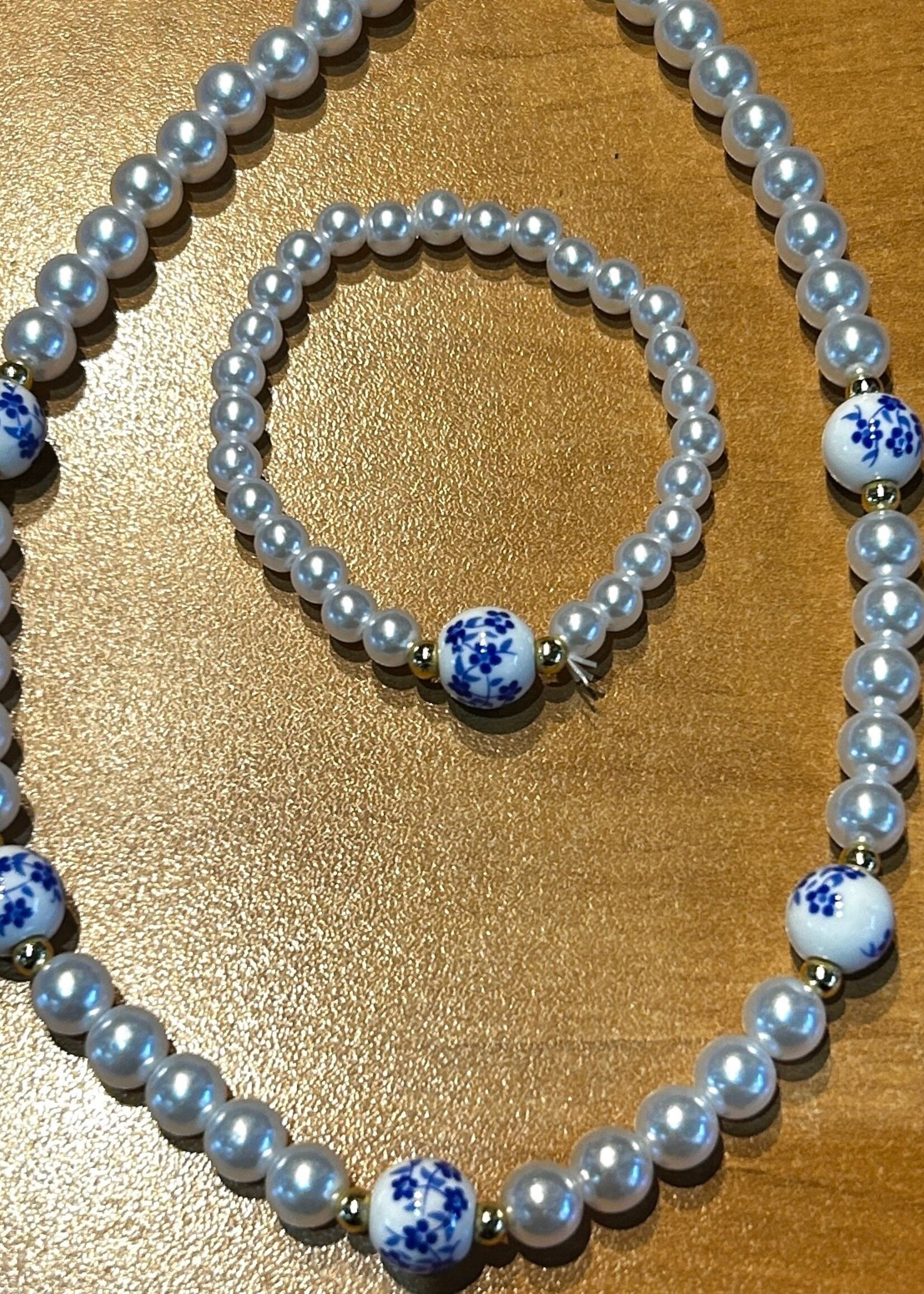 ACCESSORIES - Set Pearl/ Blue Ceramics Beaded Bracelet & Necklace