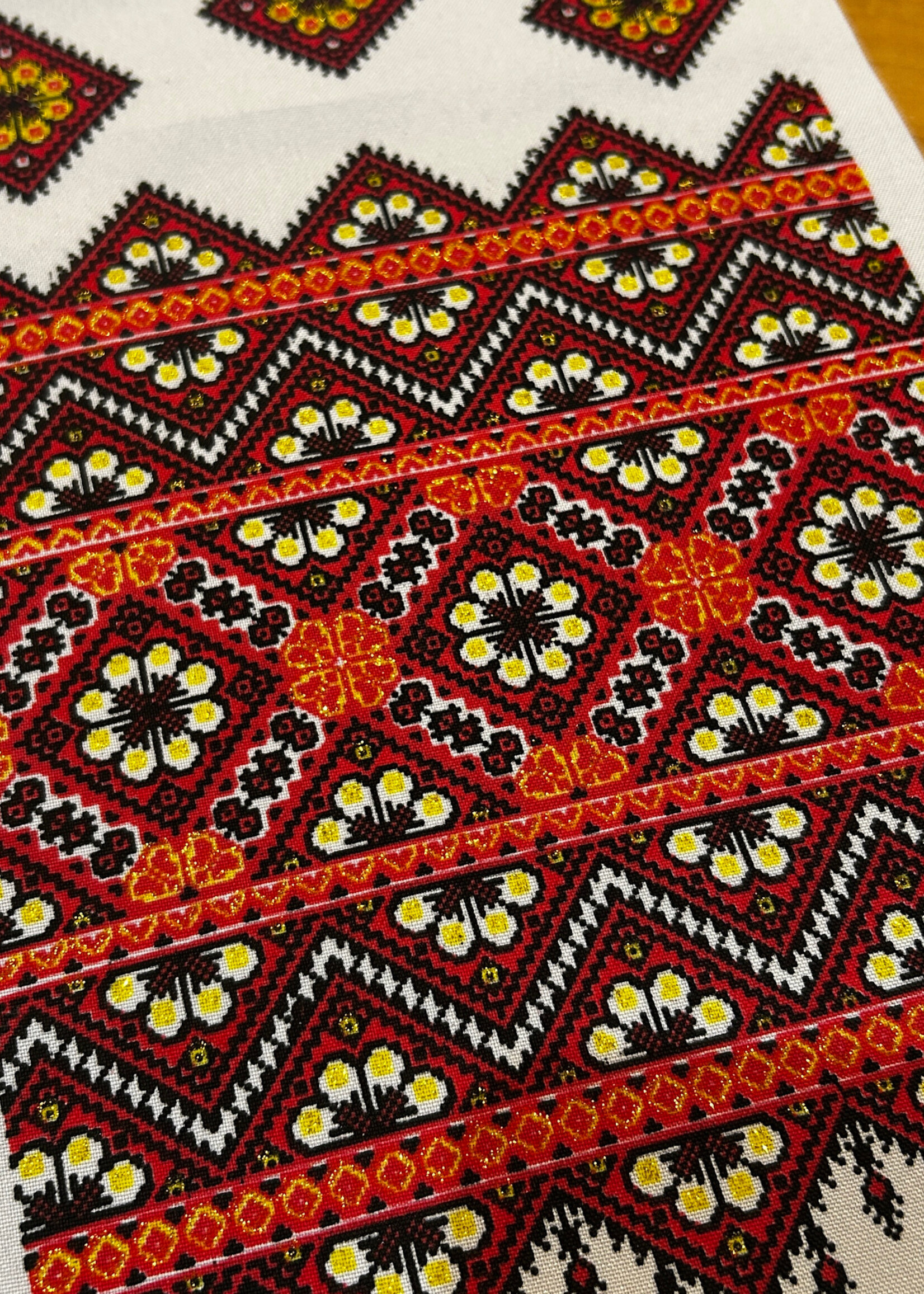 HOME - Rushnyk, White with Red/ Black/ Gold thread Printed Pattern 47x9"