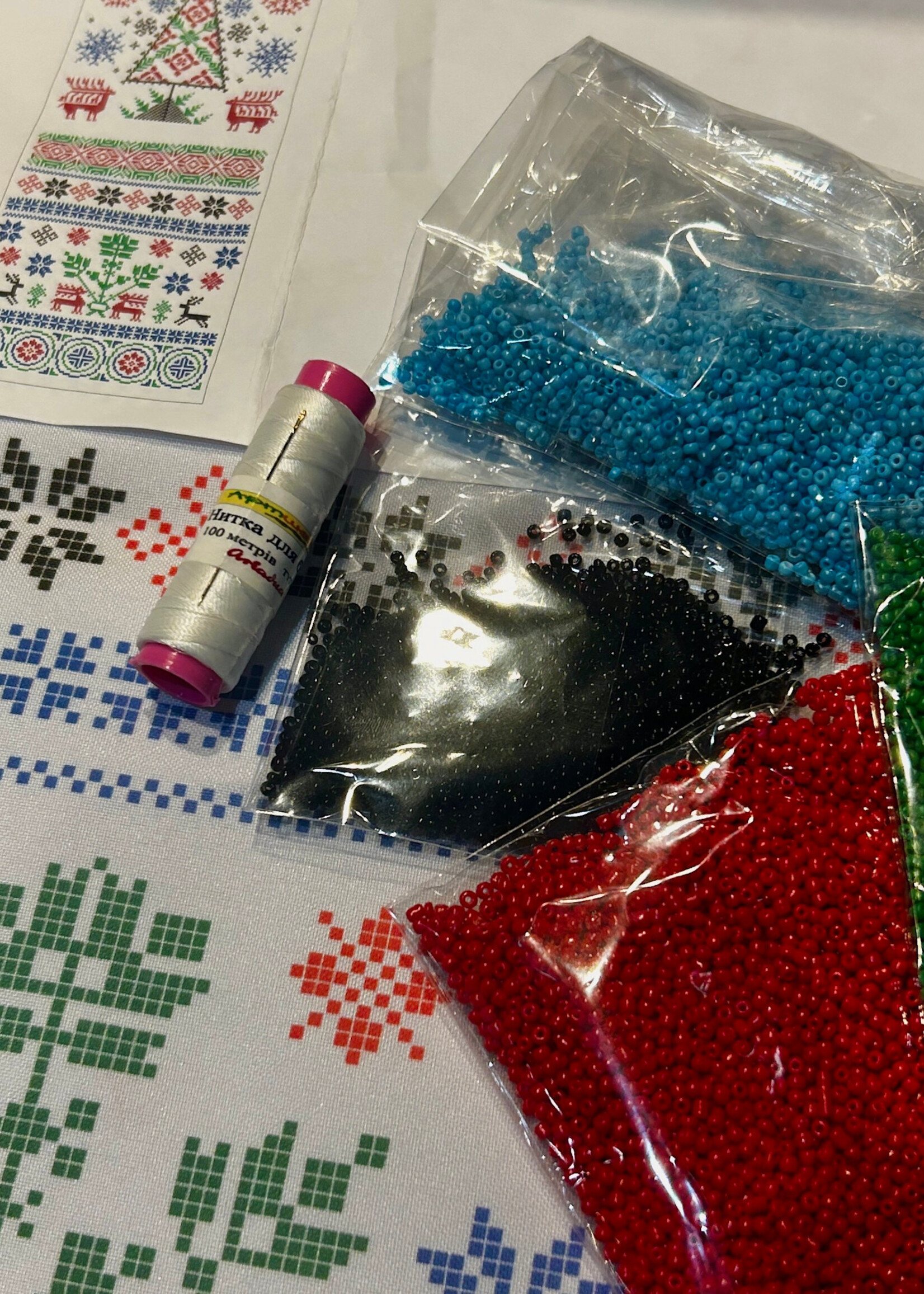 DIY - Embroidered Runner =20,  &  Glass Beads  " Christmas tree" ( Runner with pattern)