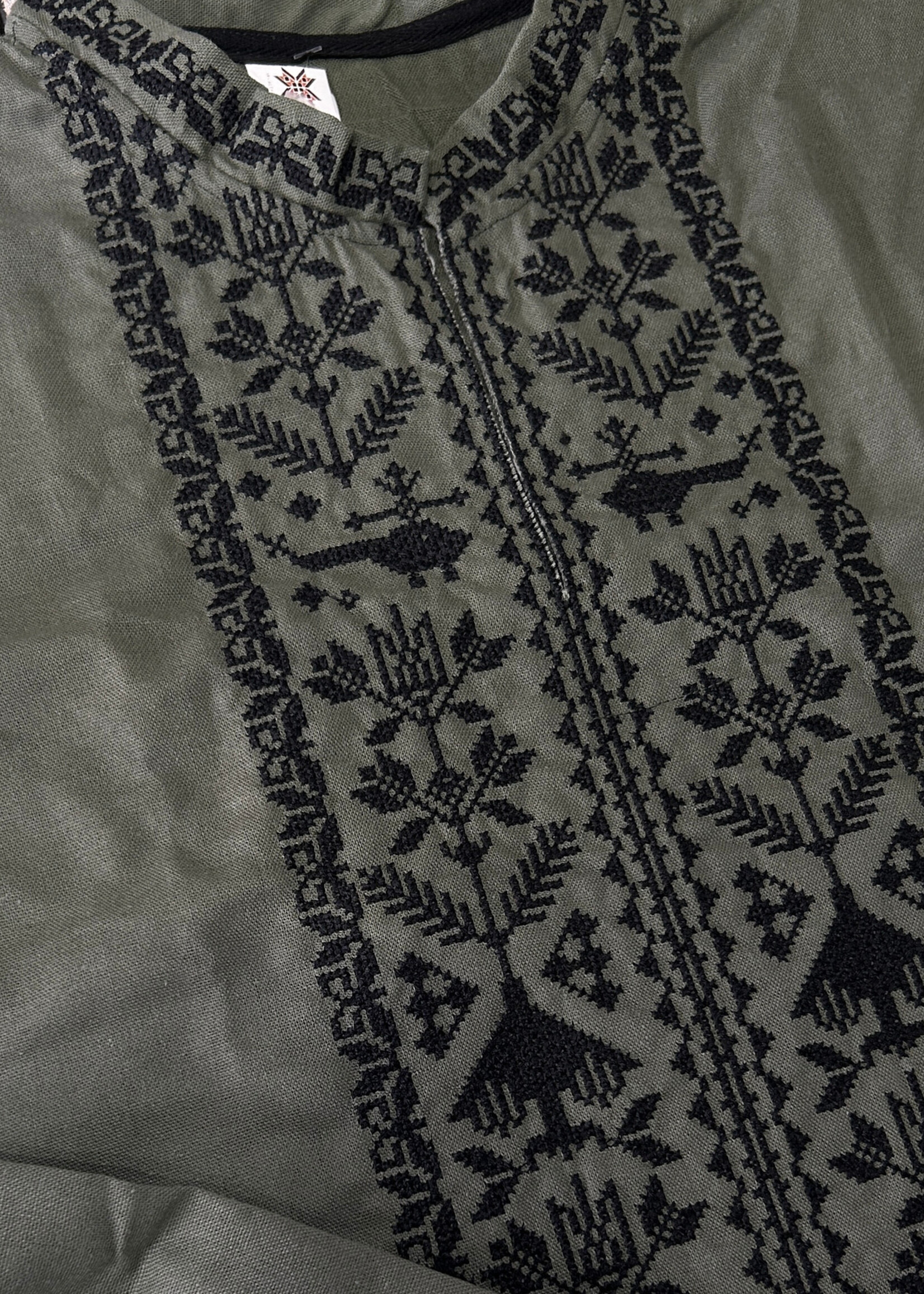 APPAREL - (Men's) Vyshyvsanka Khaki,, AMULET" Embroidered with Tryzub &