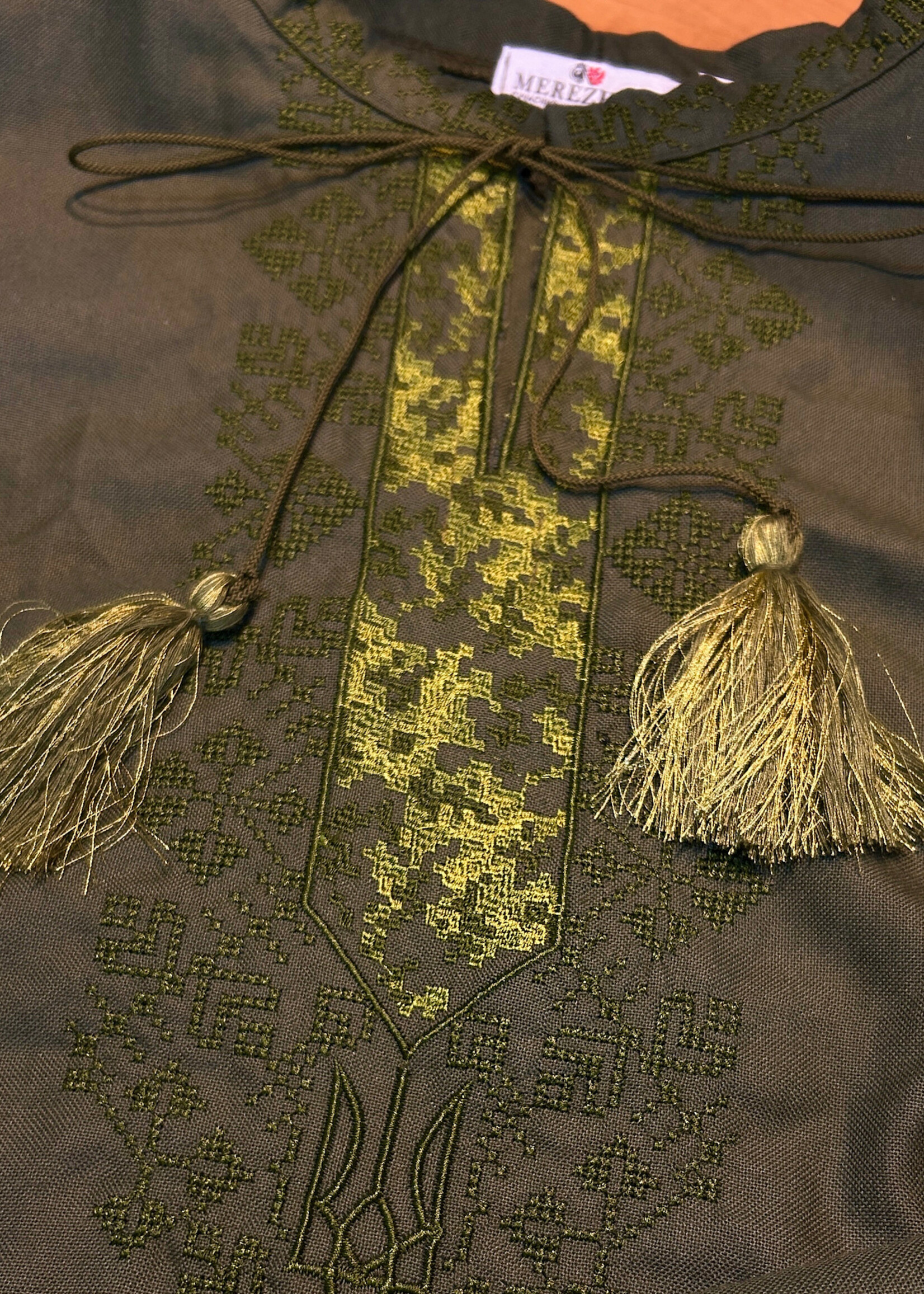 APPAREL -  (Men's)  Vyshyvsanka Khaki, Embroidered with Tryzub