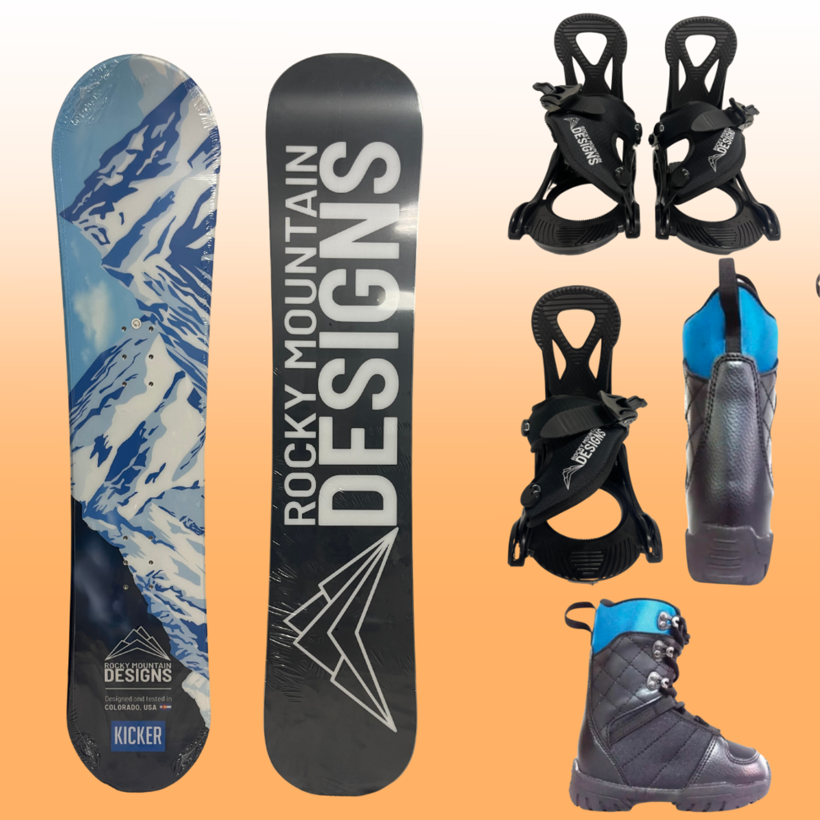 Rocky Mountain Designs NEW 2024 BIG KIDS BUNDLE (Kicker Snowboard+FiveForty Bandit Kids Lace Snowboard Boots+ EZ Bindings)