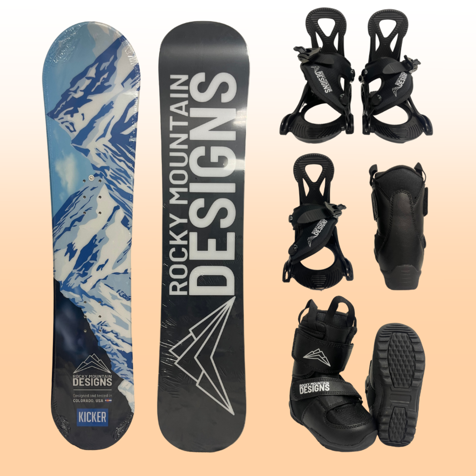 Rocky Mountain Designs NEW 2024 KIDS BUNDLE (Kicker Snowboard+ Slush Boots+ EZ Bindings)