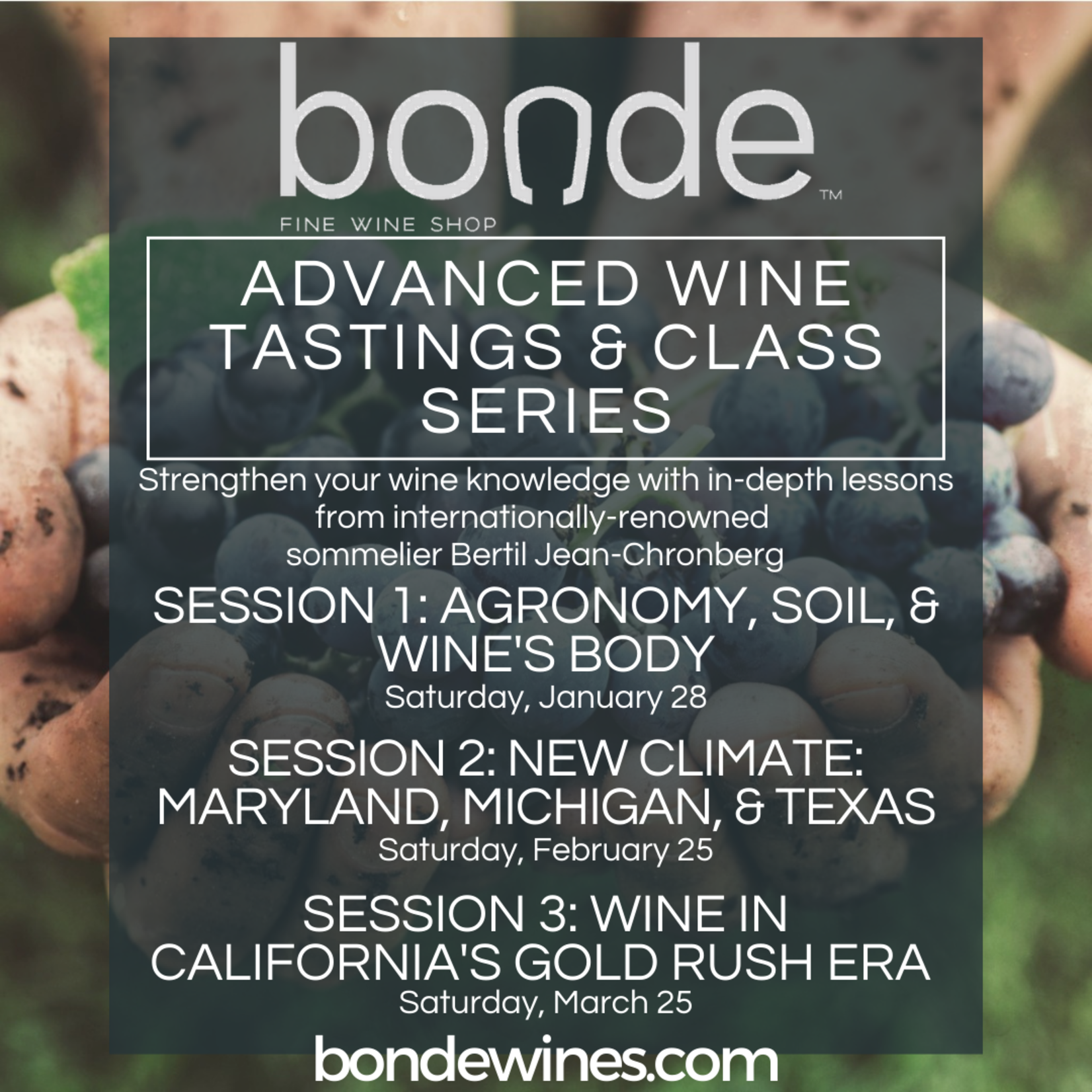 (SOLD OUT) Saturday Advanced Wine Tasting & Class - Session 1: Agronomy, Soil, & Wine's Body - January 28, 7:00 - 9:00 p.m.