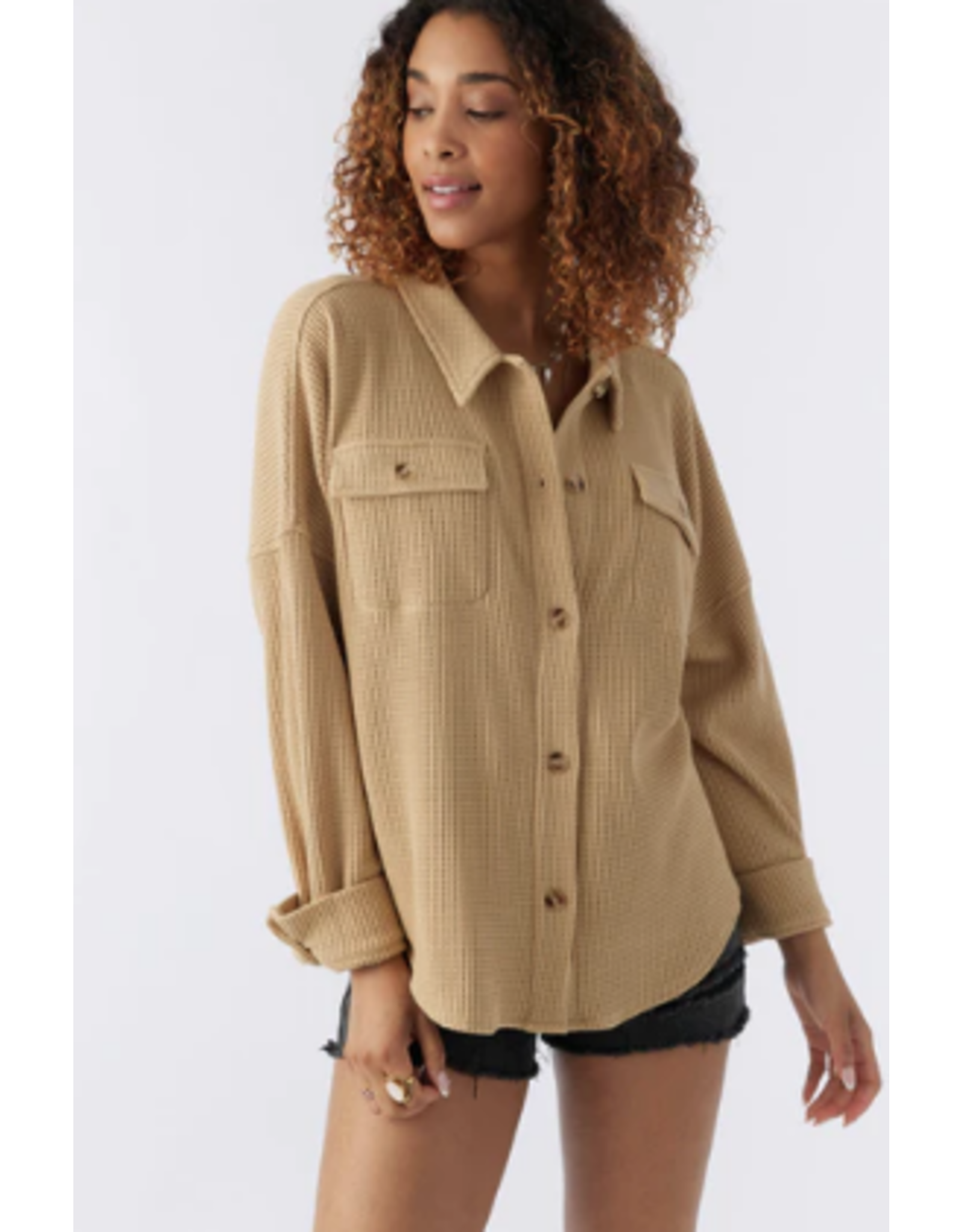 ONEILL Womens TOUR WAFFLE KNIT BUTTON-UP TOP
