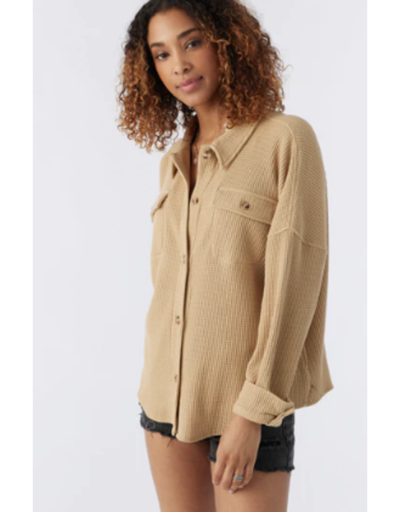 ONEILL Womens TOUR WAFFLE KNIT BUTTON-UP TOP