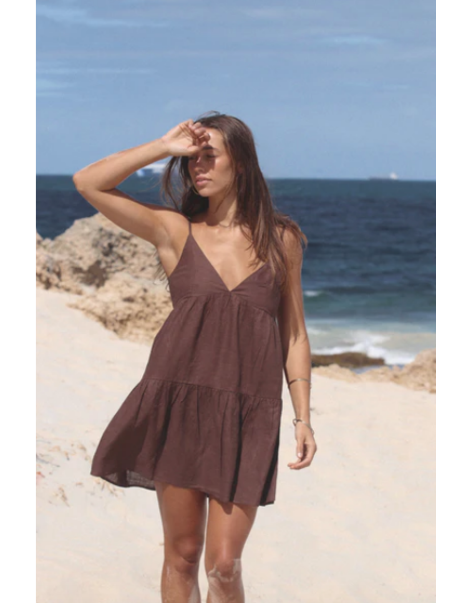 RHYTHM RHYTHM CLASSIC TIERED MINI DRESS CHOCOLATE