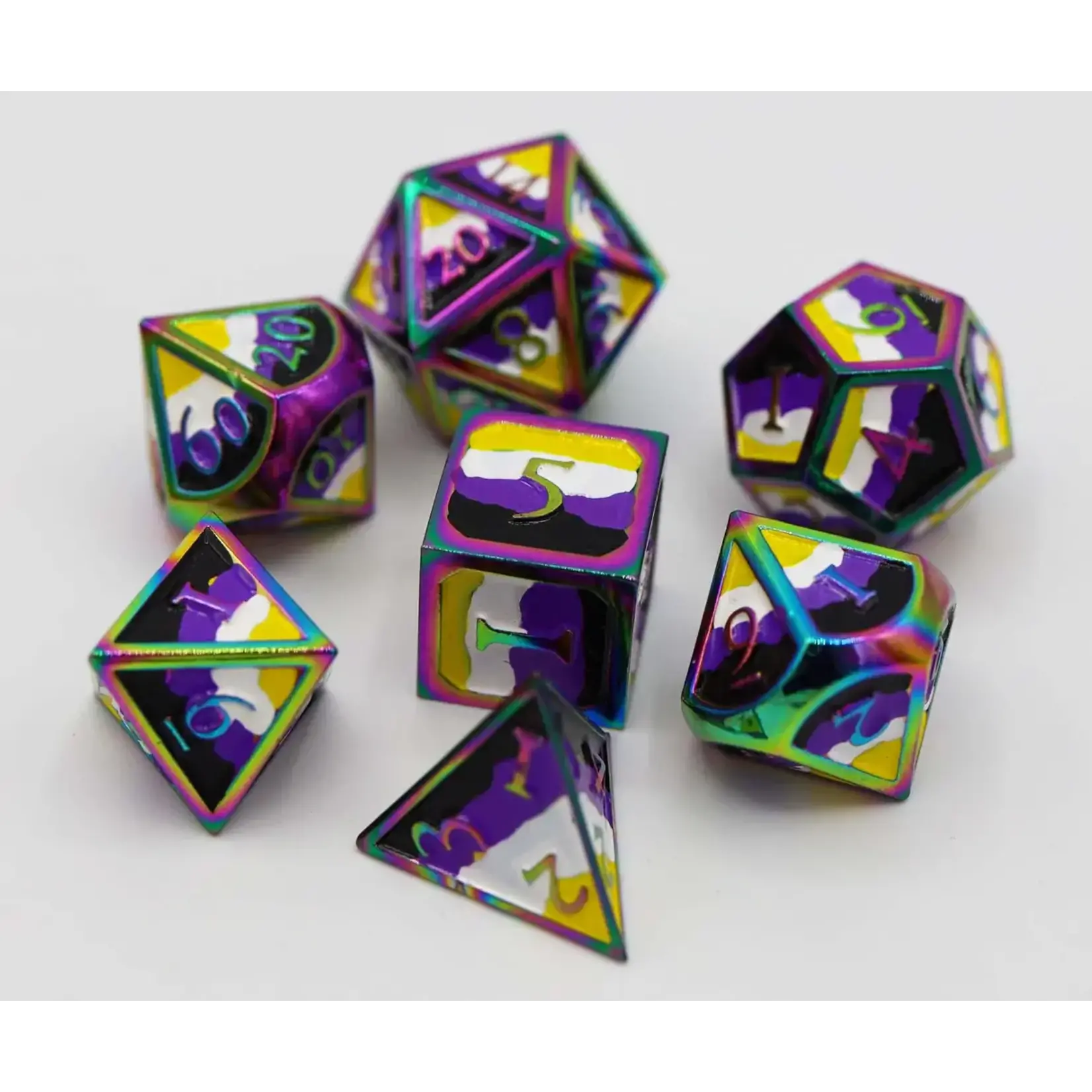 Foam Brain Games Nonbinary Pride Flag - Metal RPG Dice Set 7ct