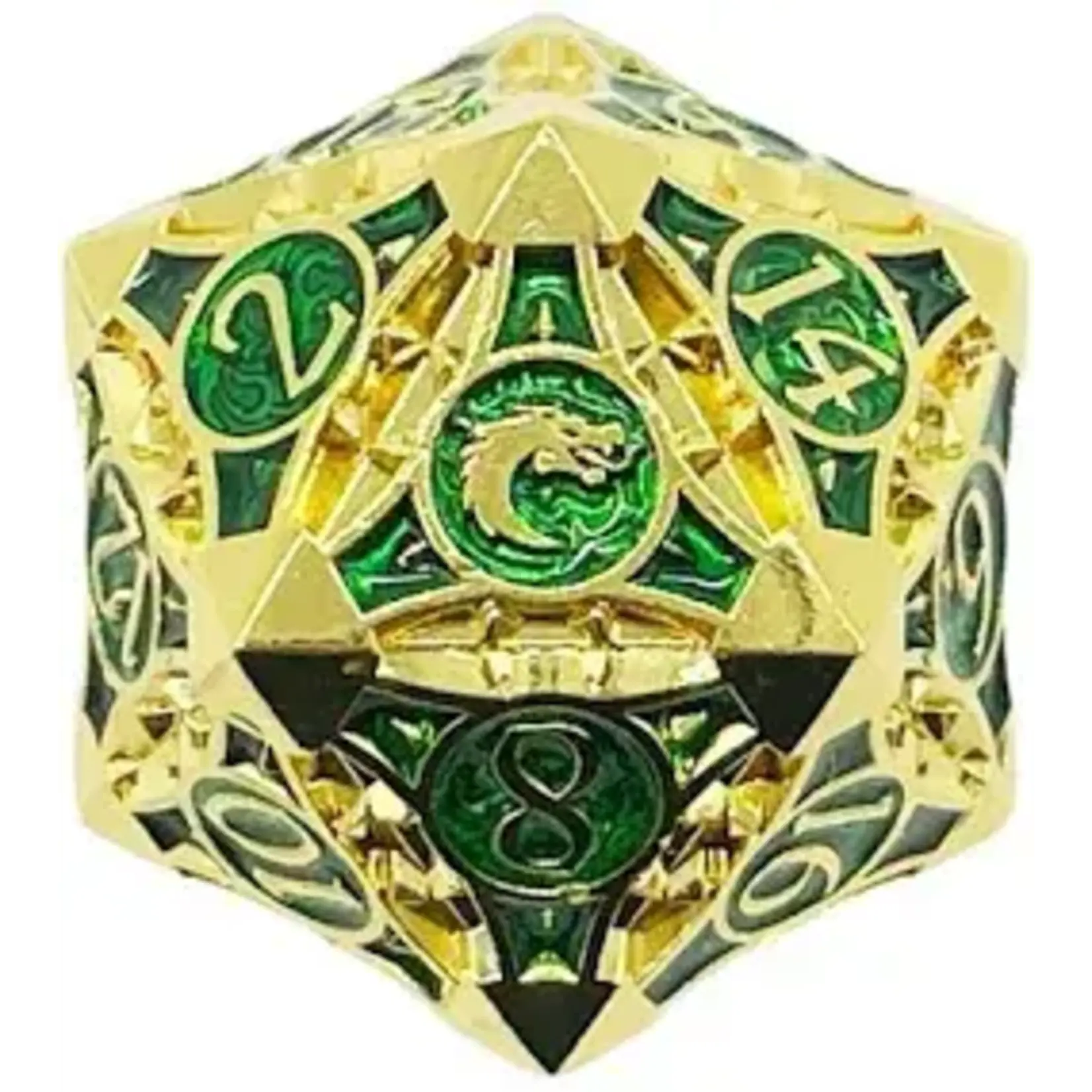 Old School Dice Single Fancy Metal D20 Green Gold