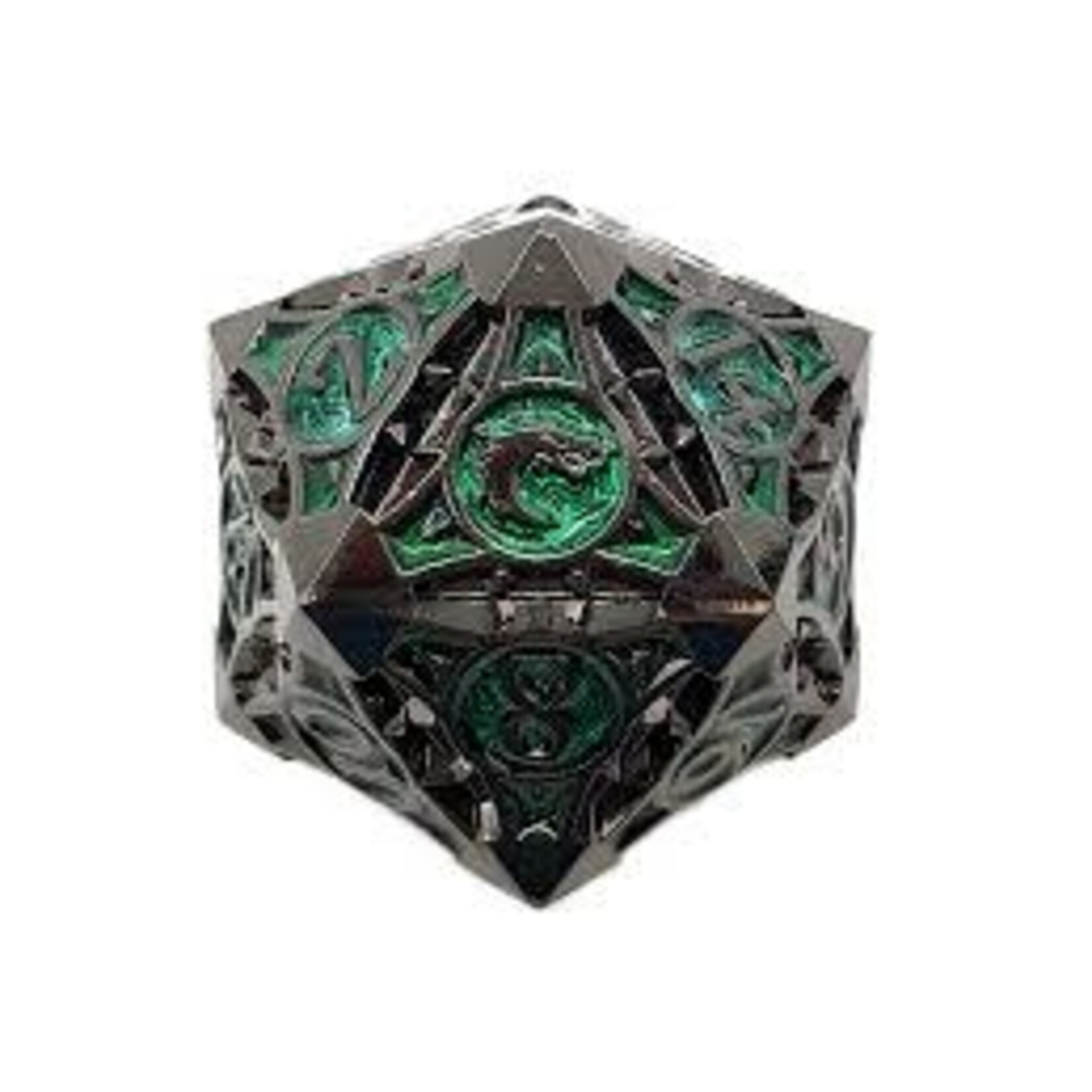Old School Dice Single Fancy Metal D20 Black Nickel Green