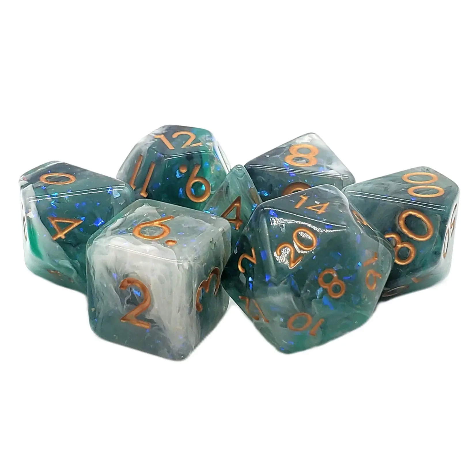 Old School Dice Old School Particles 7ct Dice RPG  - Black, White & Green Mist