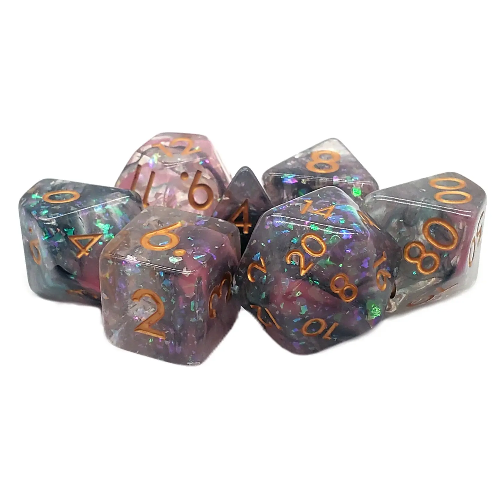 Old School Dice Old School Particles 7ct Dice RPG  - Pink, Green & Black Mist