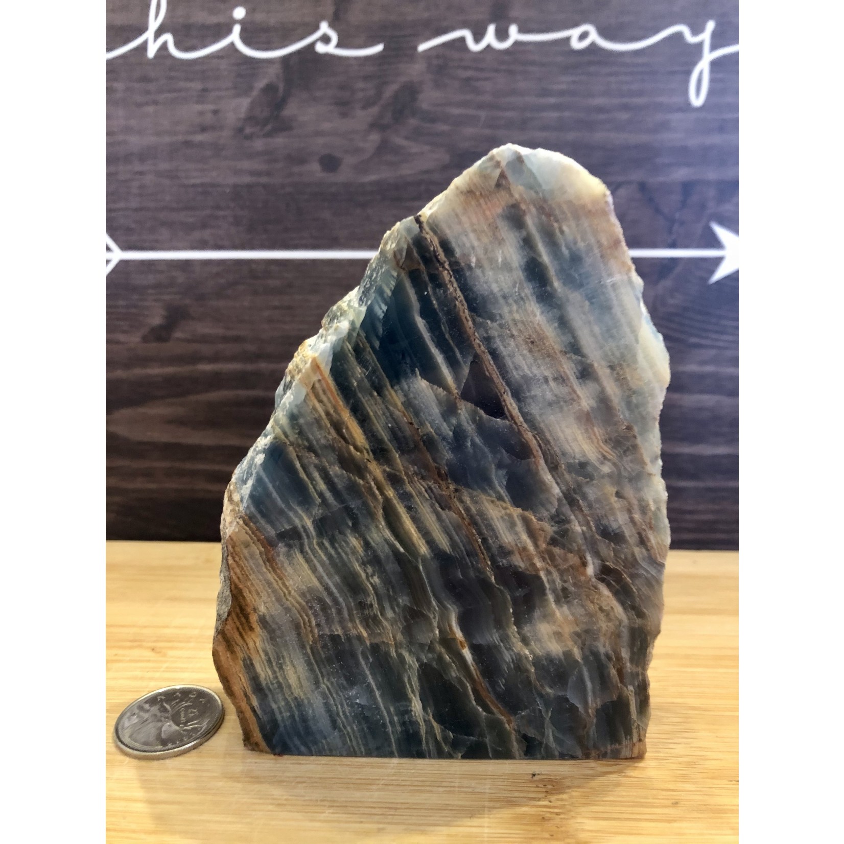 large blue onyx free form, blue onyx polished, known to gain stamina, strength of character and determination