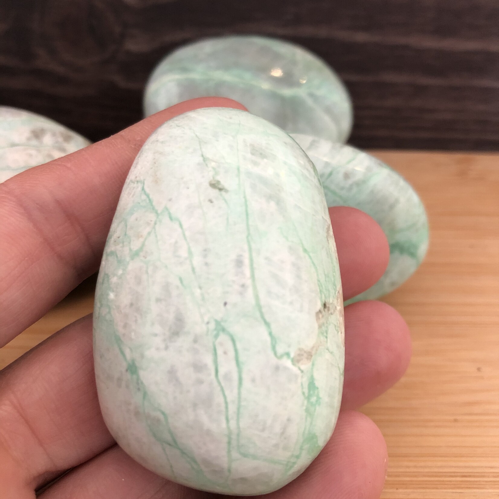 Polished Garnierite Palm Stone - Medium Green Moonstone, Spiritual Connection & Emotional Balance