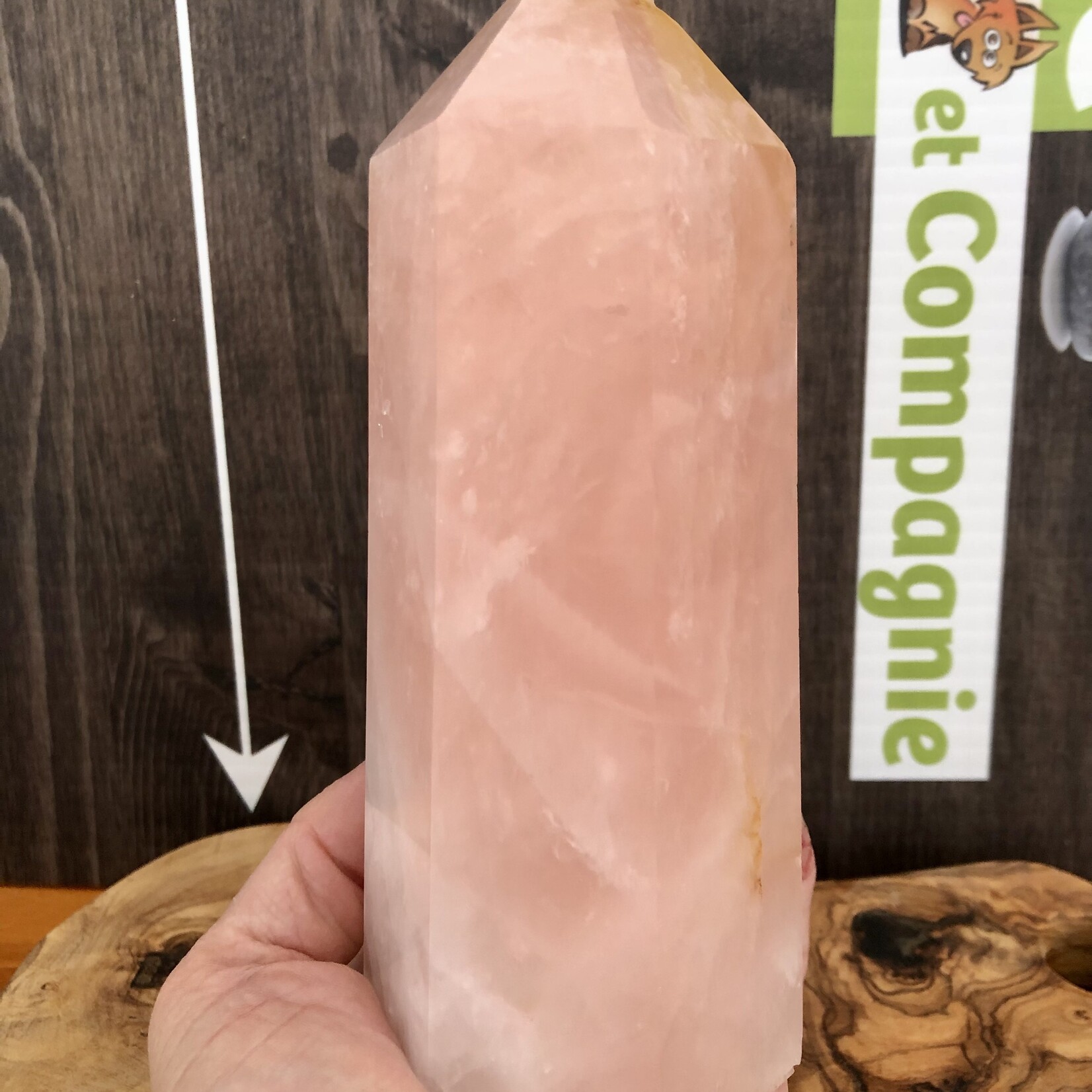 large tower rose quartz, pink crystal represented  universal love