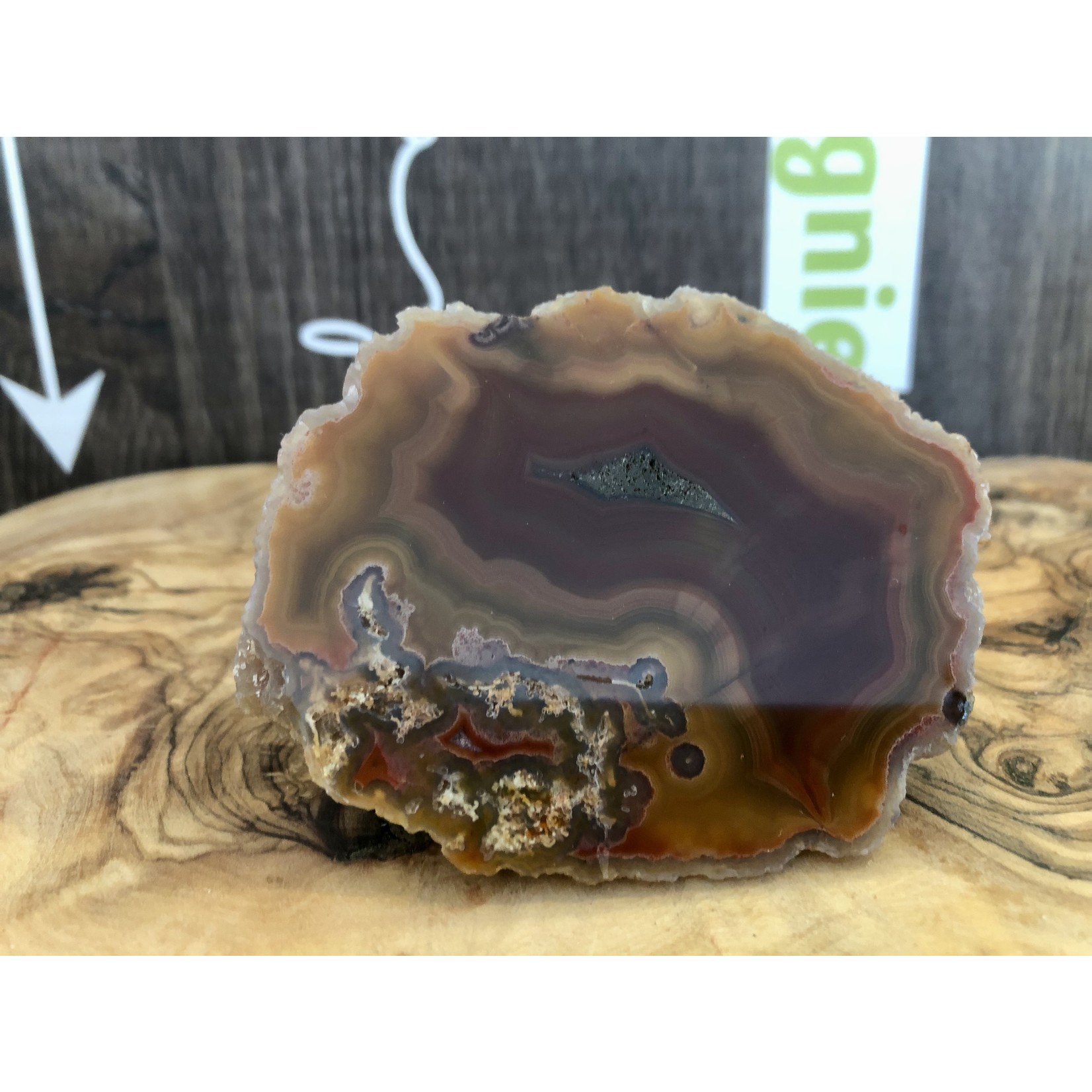 agate mexicaine polie, magnifique bande de moutarde jaune, de couleur rouge-brun avec quartz