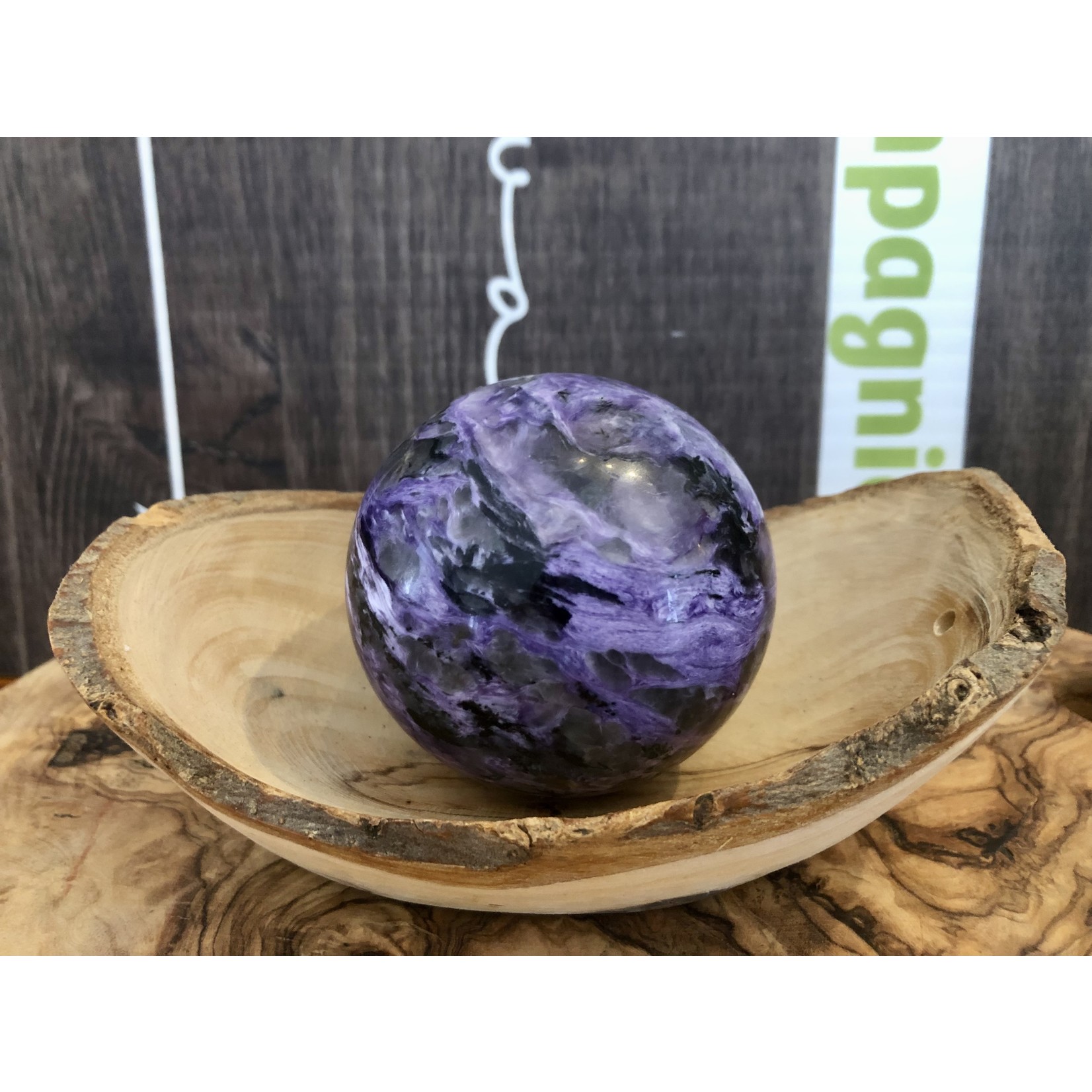 amazing large charoite sphere, polished piece, russia stone, trengthens the heart, reduces fever and cramps