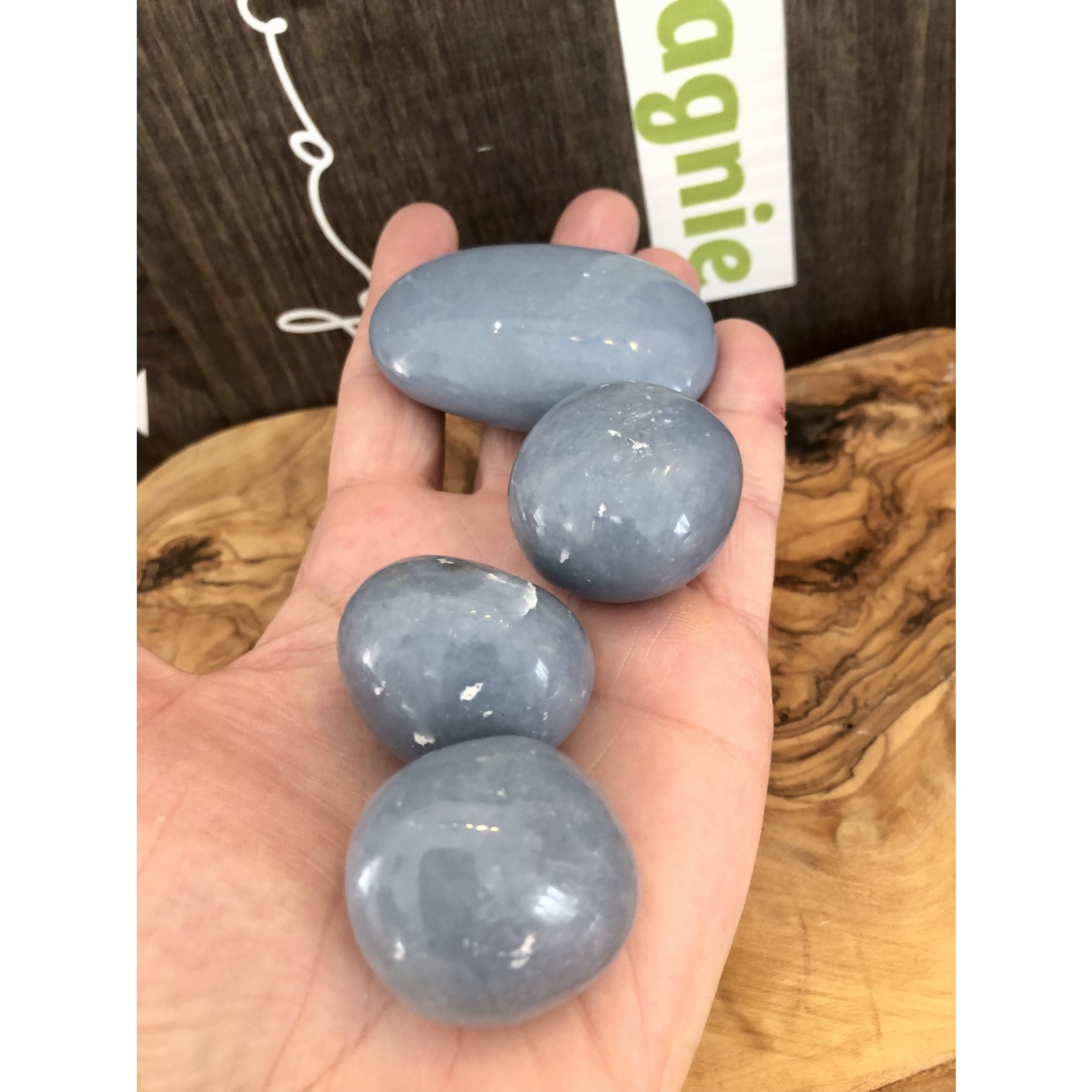 choice of angelite tumbled stone, symbol of calm and tranquility, stone of well-being and harmony