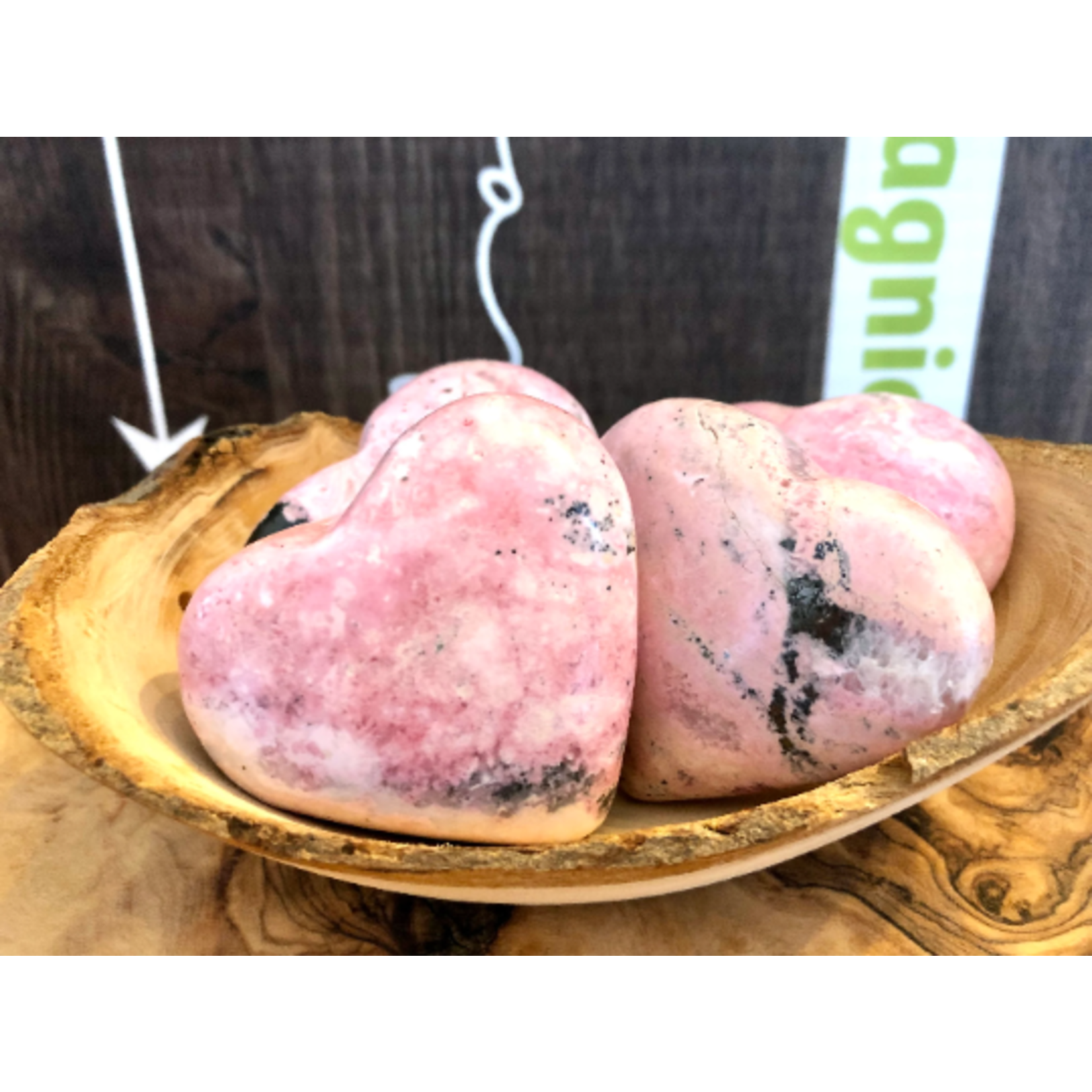 natural rhodonite heart, stone against traumas