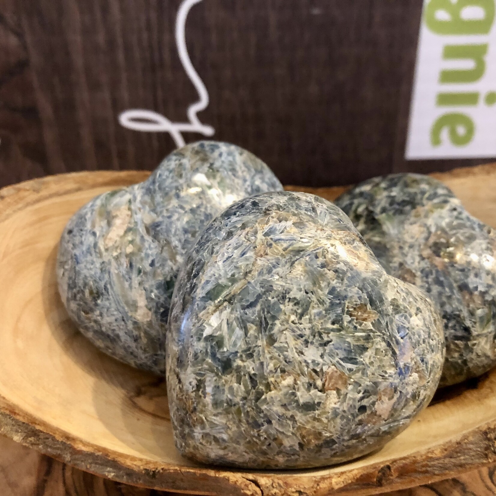 large polished heart kyanite, is a positive stone, helps in self-confidence, which promotes intuition and communication