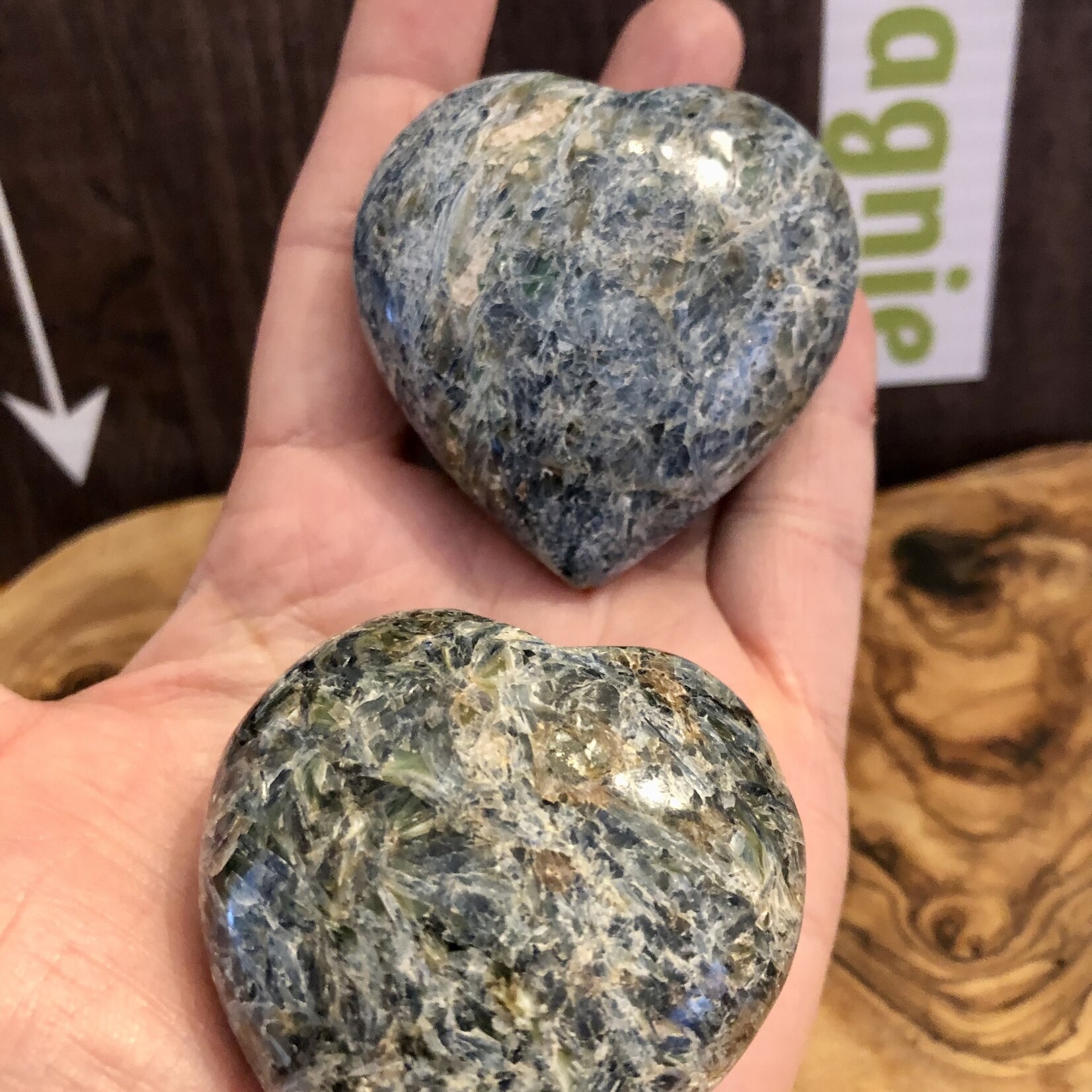 large polished heart kyanite, is a positive stone, helps in self-confidence, which promotes intuition and communication