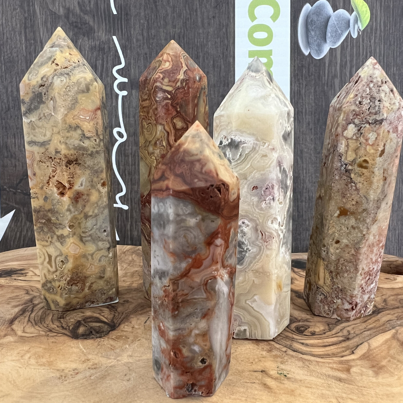 crazy lace agate tower, crazy lace agate point, commonly referred to as the "stone of laughter" or "happy lace"