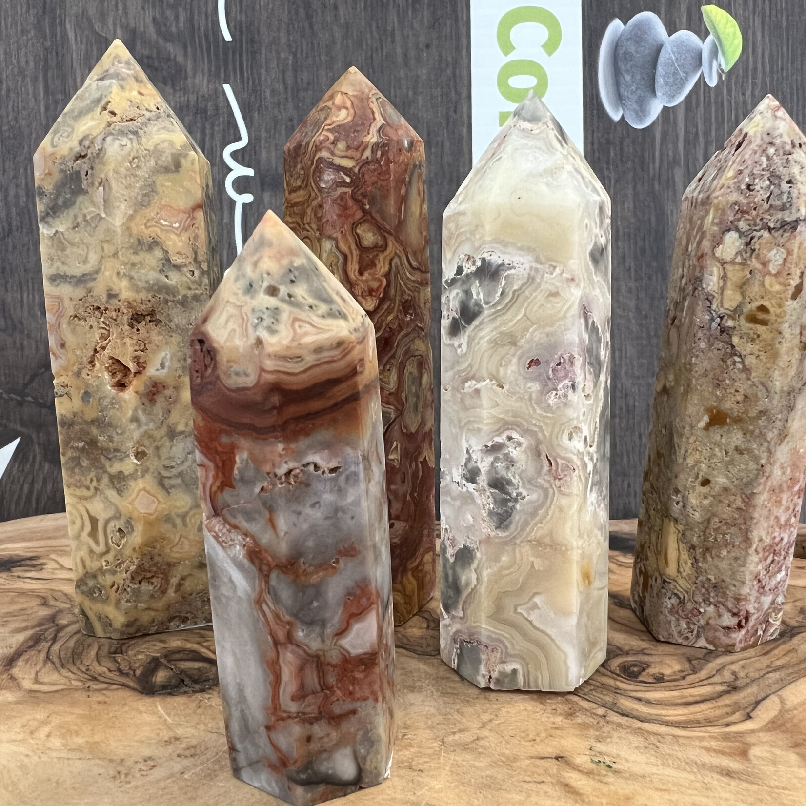 crazy lace agate tower, crazy lace agate point, commonly referred to as the "stone of laughter" or "happy lace"