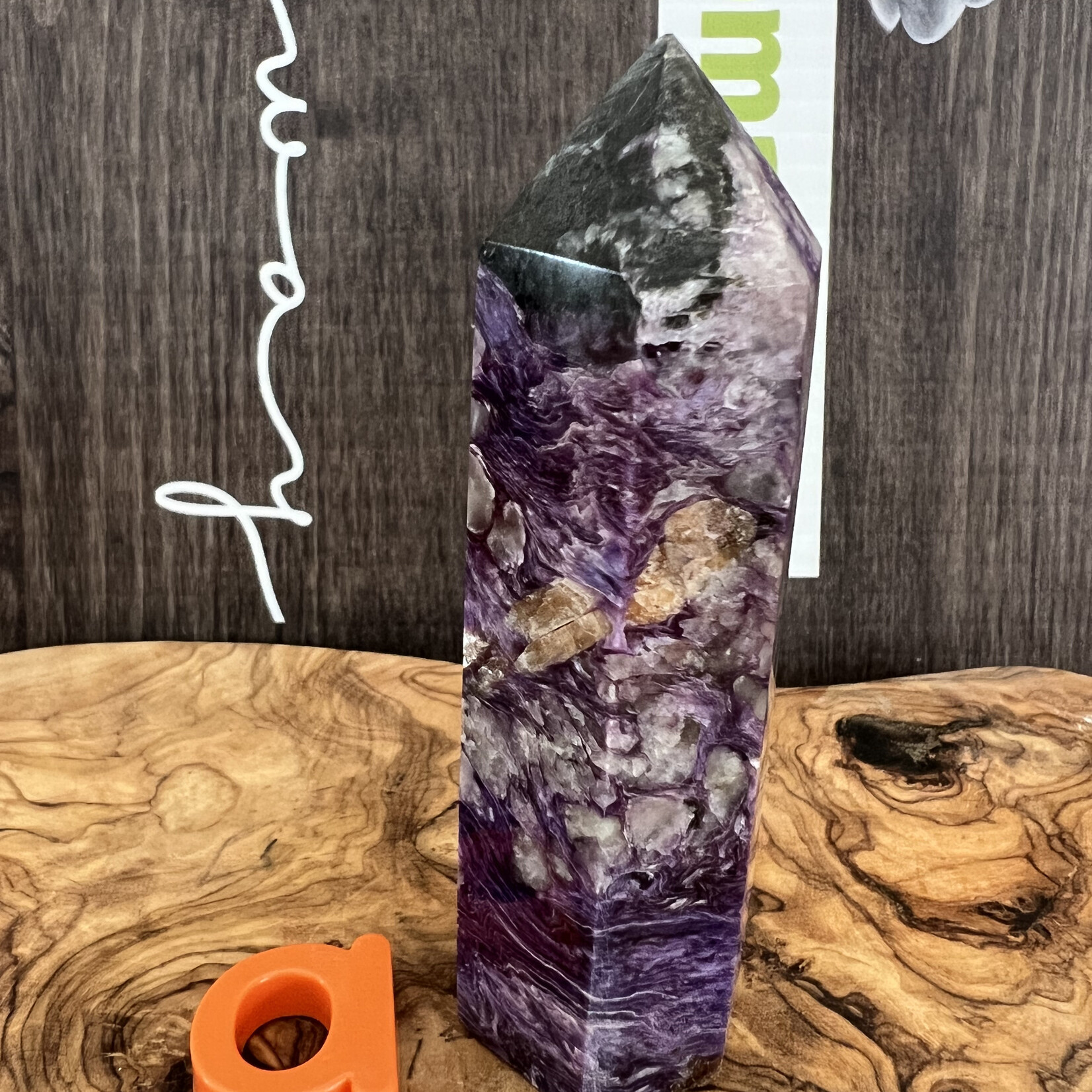 charoite tower purple mineral, stone from Russia, it soothes and chases away anxieties that are sources of daily stress