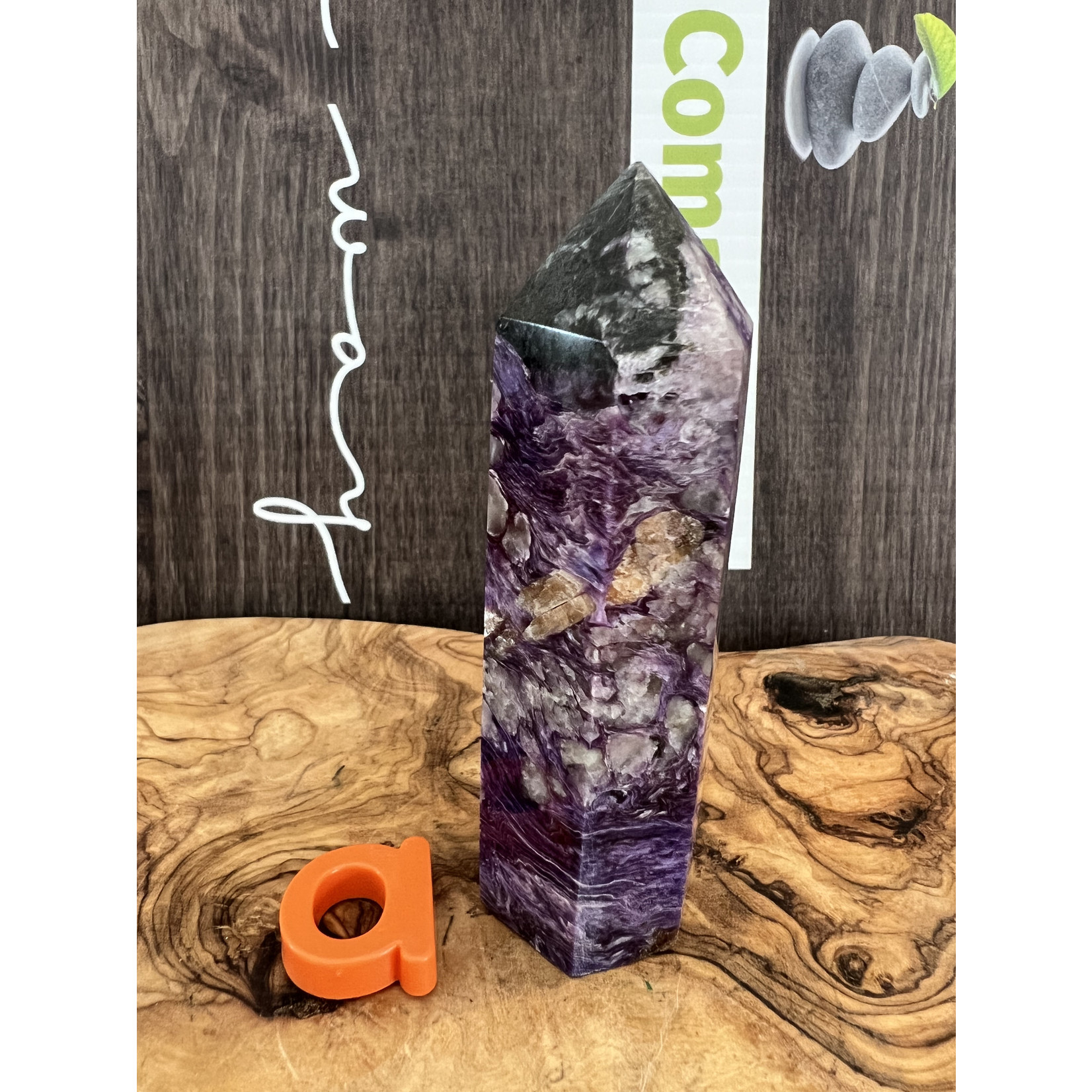 charoite tower purple mineral, stone from Russia, it soothes and chases away anxieties that are sources of daily stress